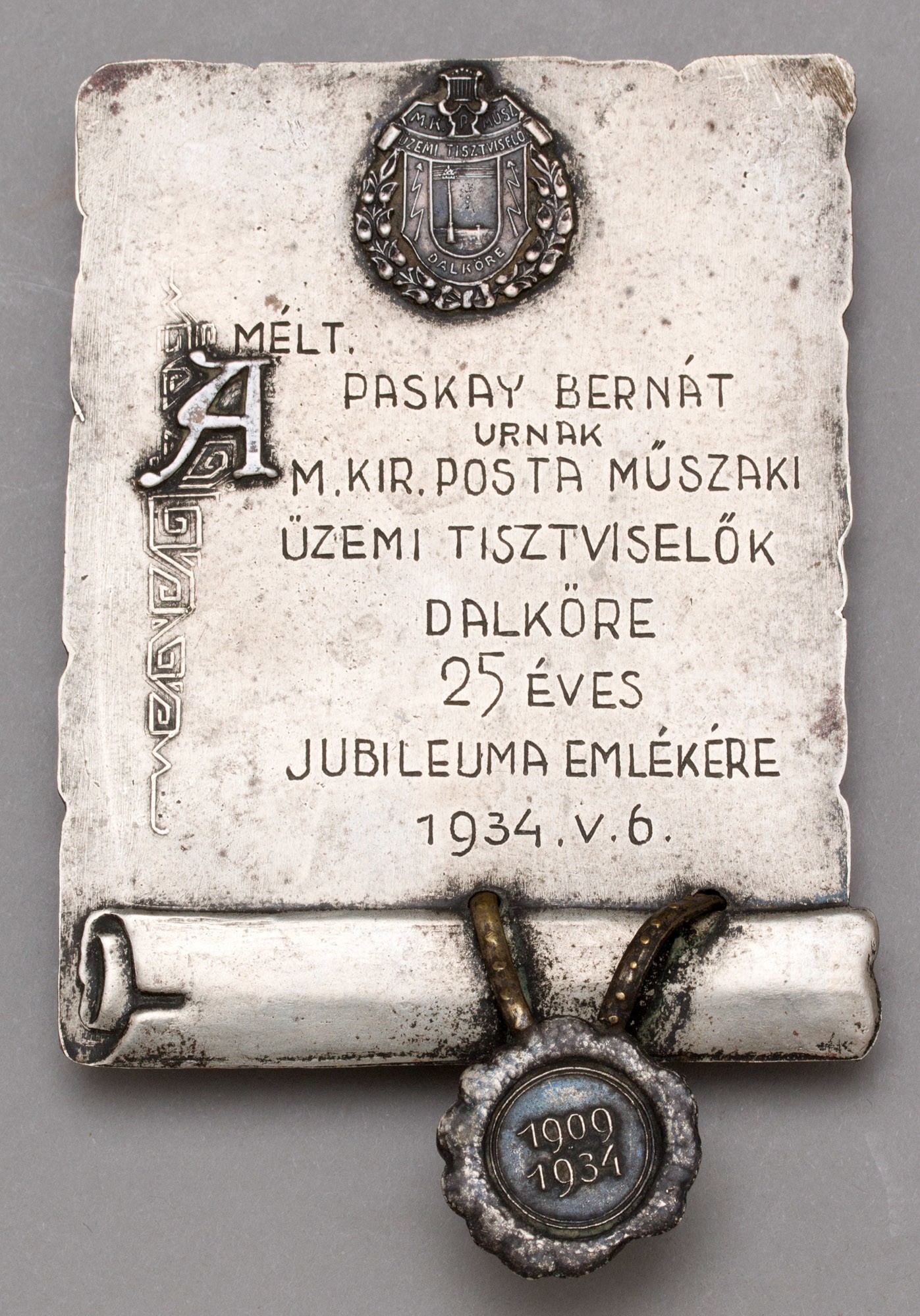 Emlékplakett - PASKAY BERNÁT, 1934 (Postamúzeum CC BY-NC-SA)