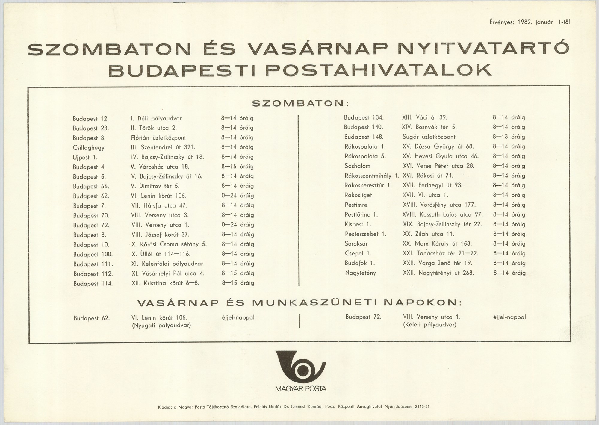 Szöveges plakát - Postahivatalok nyitva tartása (Postamúzeum CC BY-NC-SA)