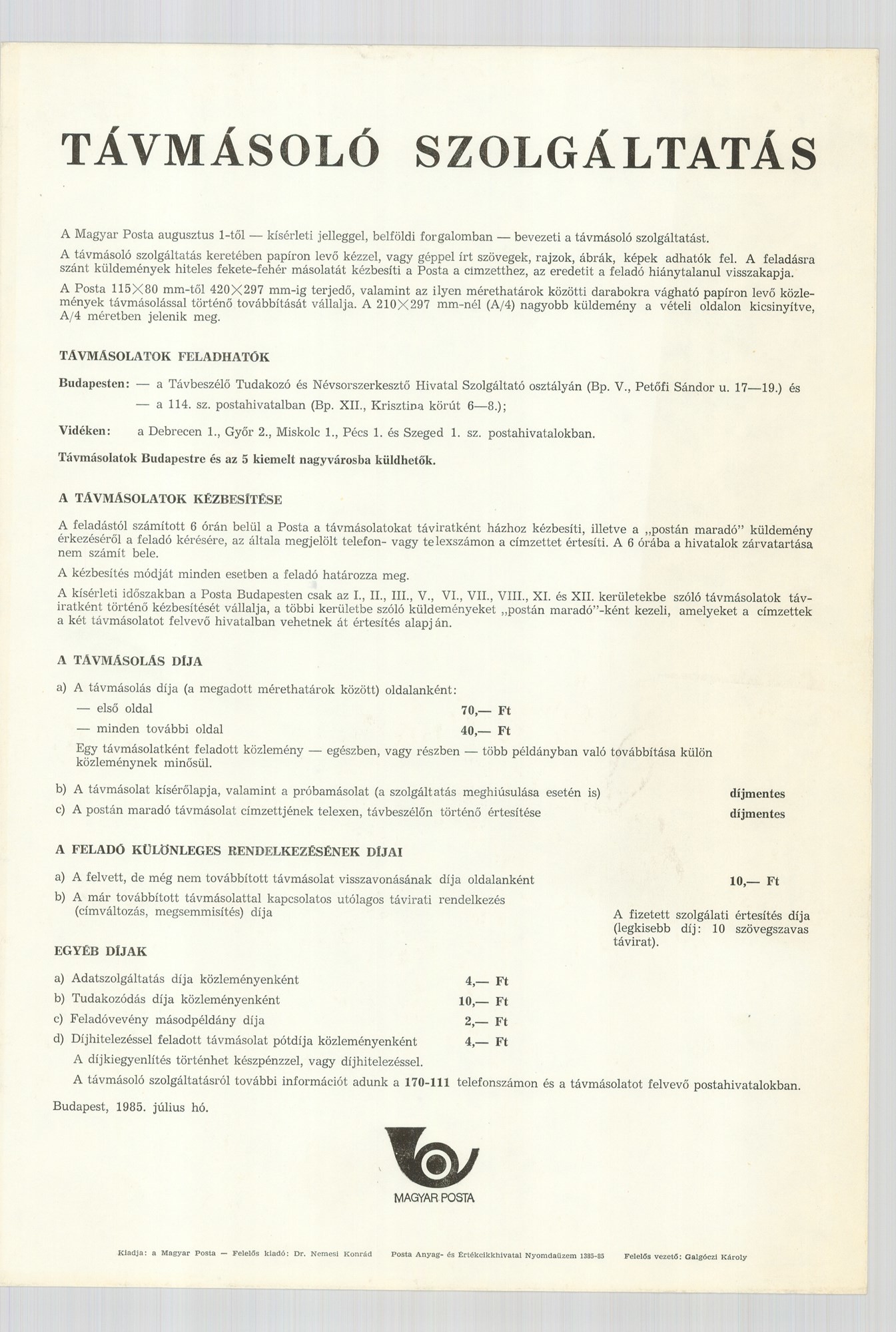 Szöveges plakát - Távmásoló szolgáltatás, 1985 (Postamúzeum CC BY-NC-SA)