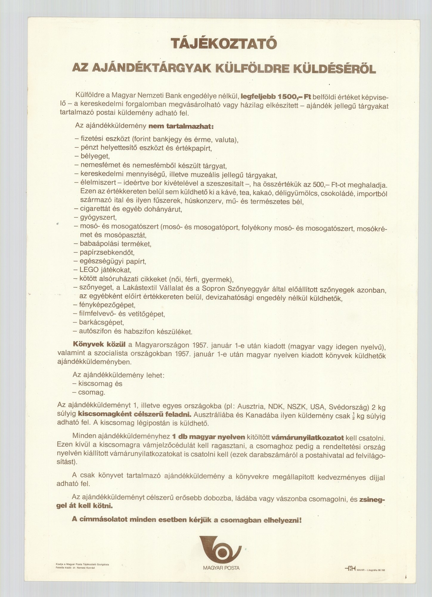 Szöveges plakát - Tájékoztató külföldre küldésről, 1988 (Postamúzeum CC BY-NC-SA)