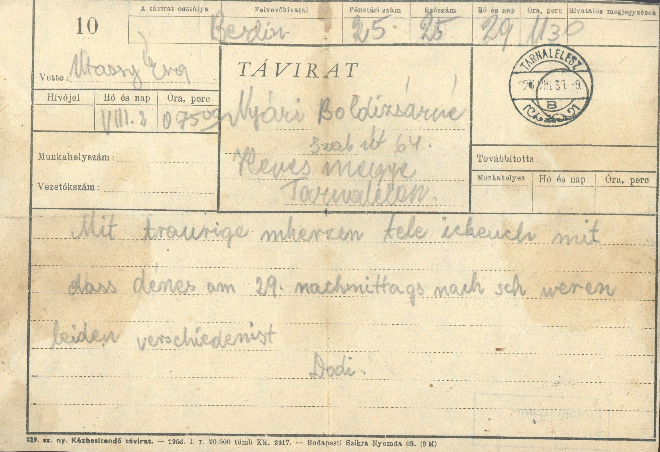 Távirat (Postamúzeum CC BY-NC-SA)