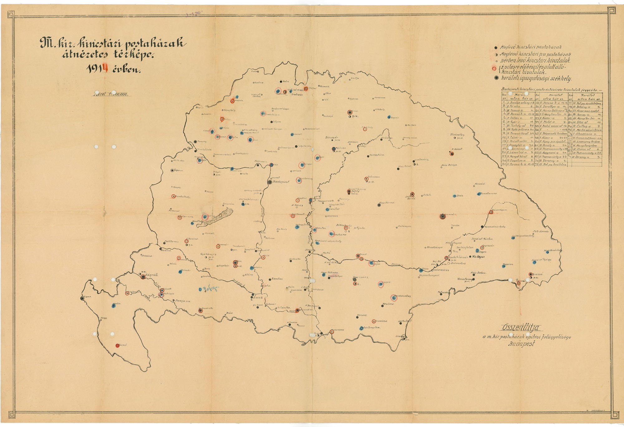 Magyar királyi kincstári postaházak átnézetes térképe 1914-ben (Postamúzeum CC BY-NC-SA)