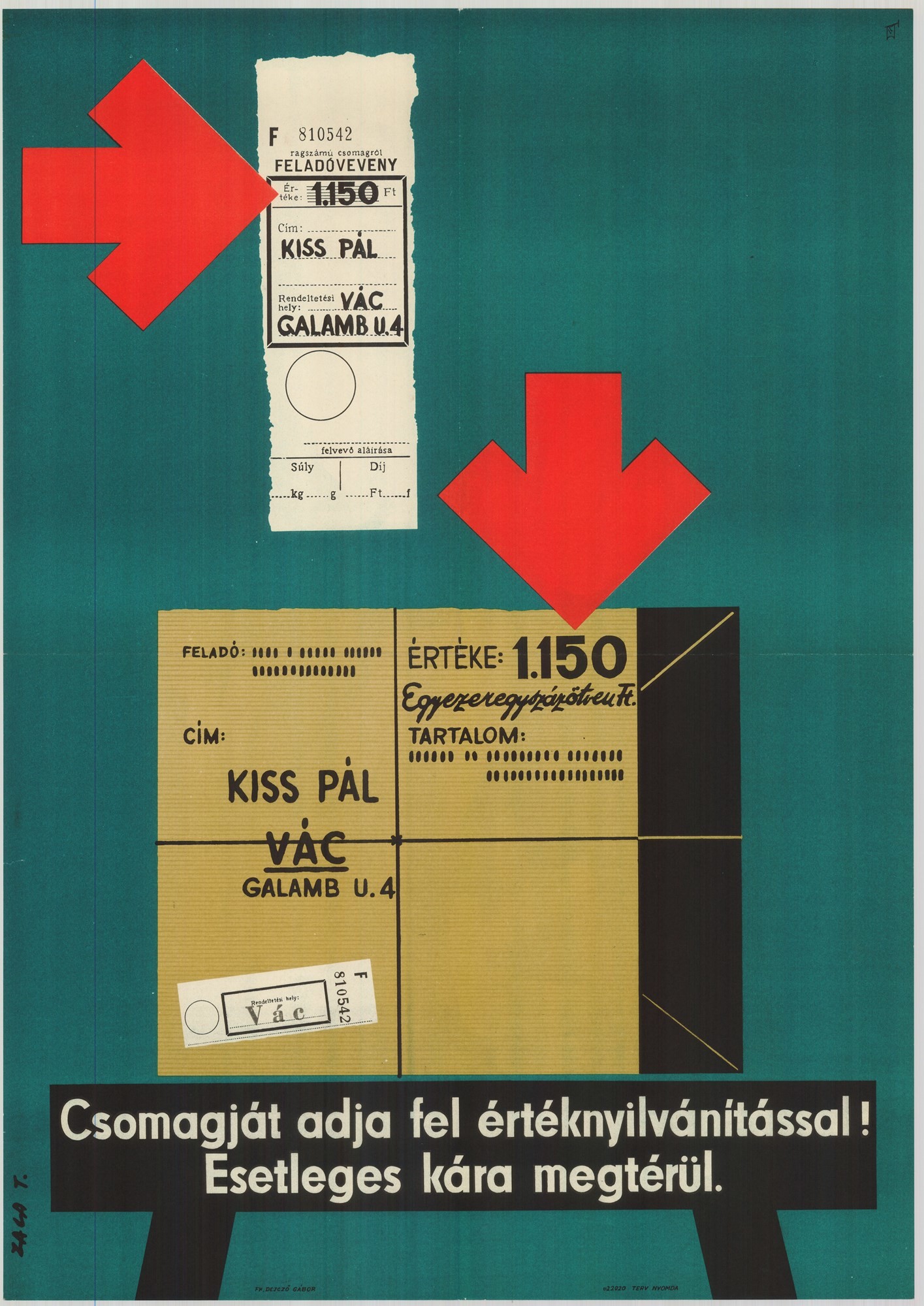 Grafikai plakát - Csomagját adja fel értéknyilvánítással (Postamúzeum CC BY-NC-SA)
