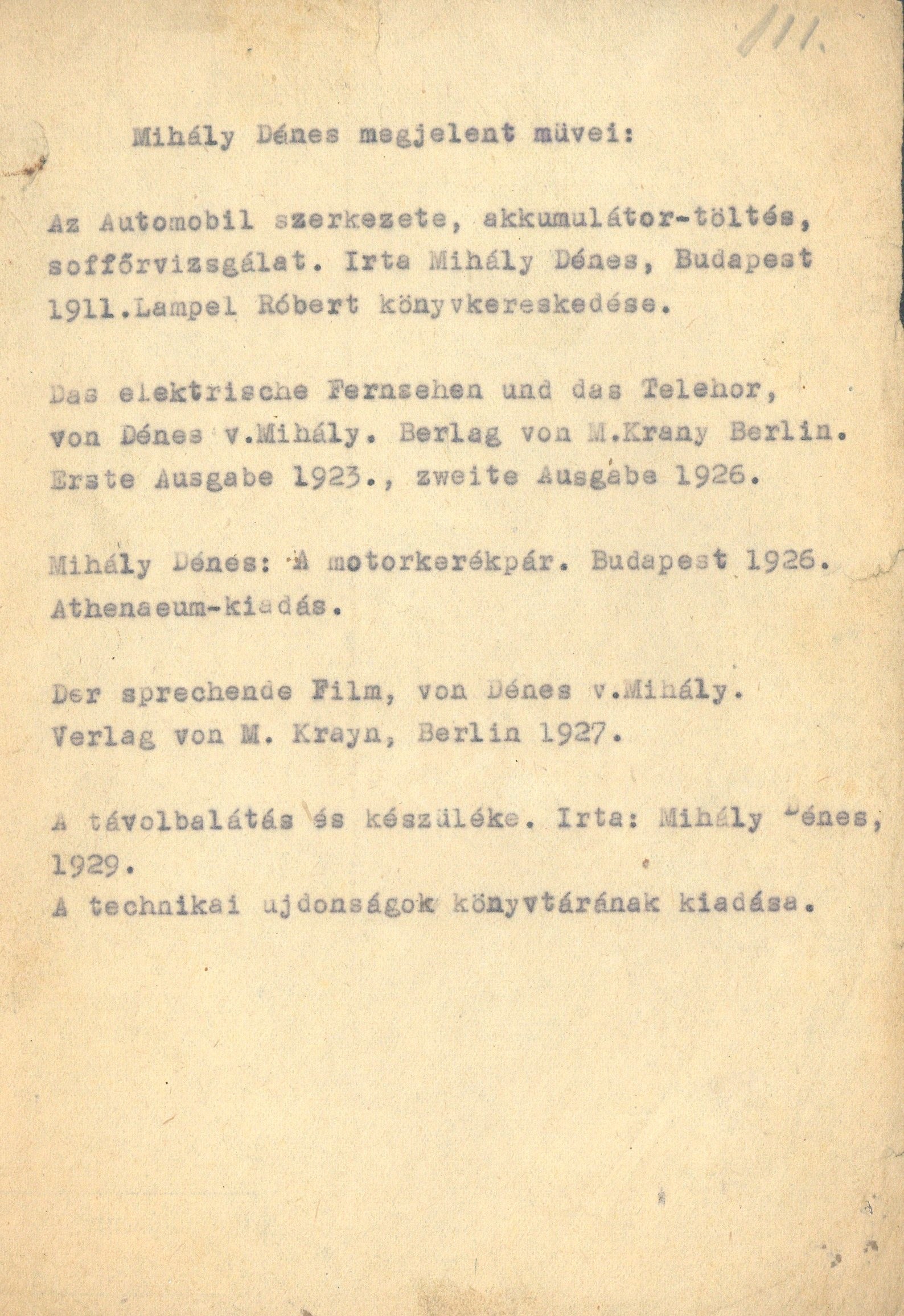 Kézirat függelék: Mihály Dénes megjelent műveiről (Postamúzeum CC BY-NC-SA)