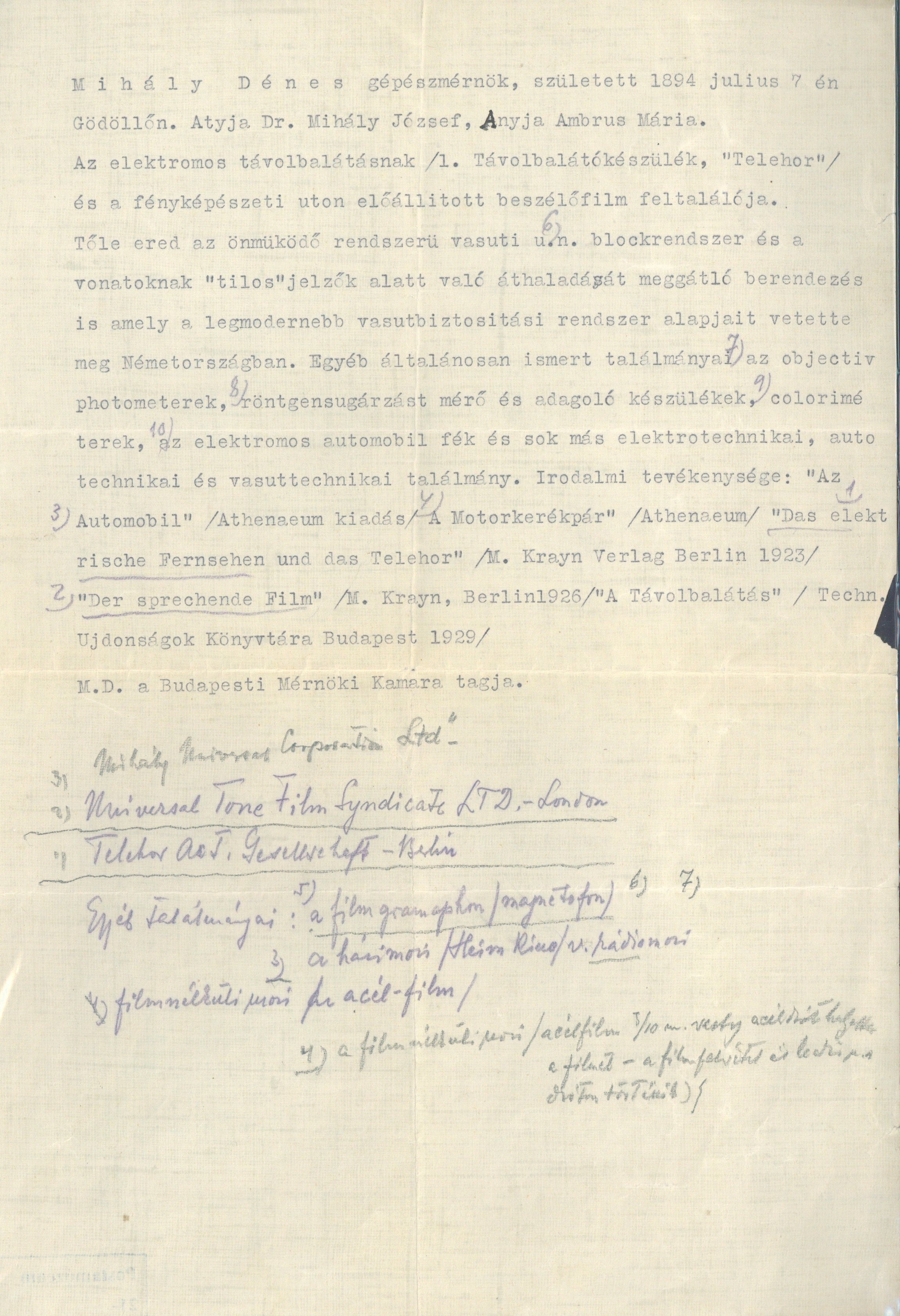 Kézirat függelék: Mihály Dénes találmányairól és műveiről (Postamúzeum CC BY-NC-SA)