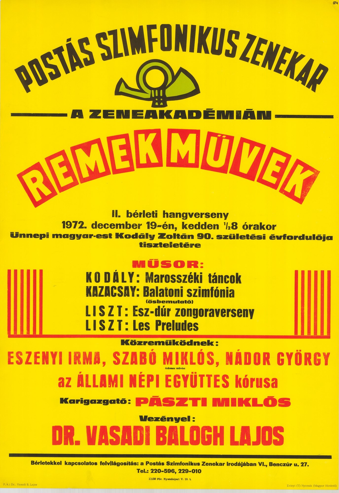 Plakát - Postás Szimfonikus Zenekar a Zeneakadémián, 1972 (Postamúzeum CC BY-NC-SA)