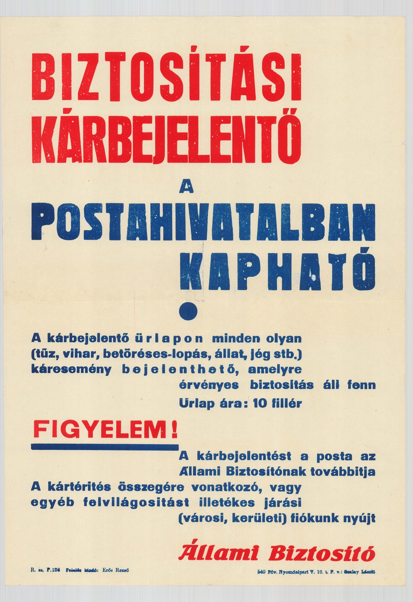 Szöveges plakát - Biztosítási kárbejelentő (Postamúzeum CC BY-NC-SA)