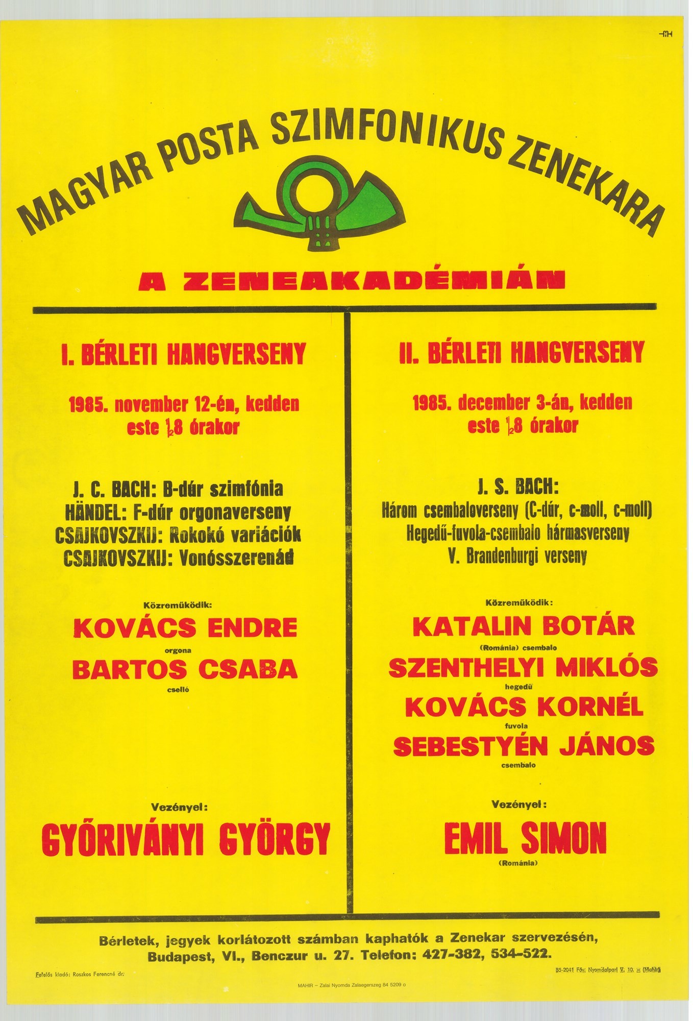 Plakát - Postás Szimfonikus Zenekar a Zeneakadémián, 1985 (Postamúzeum CC BY-NC-SA)