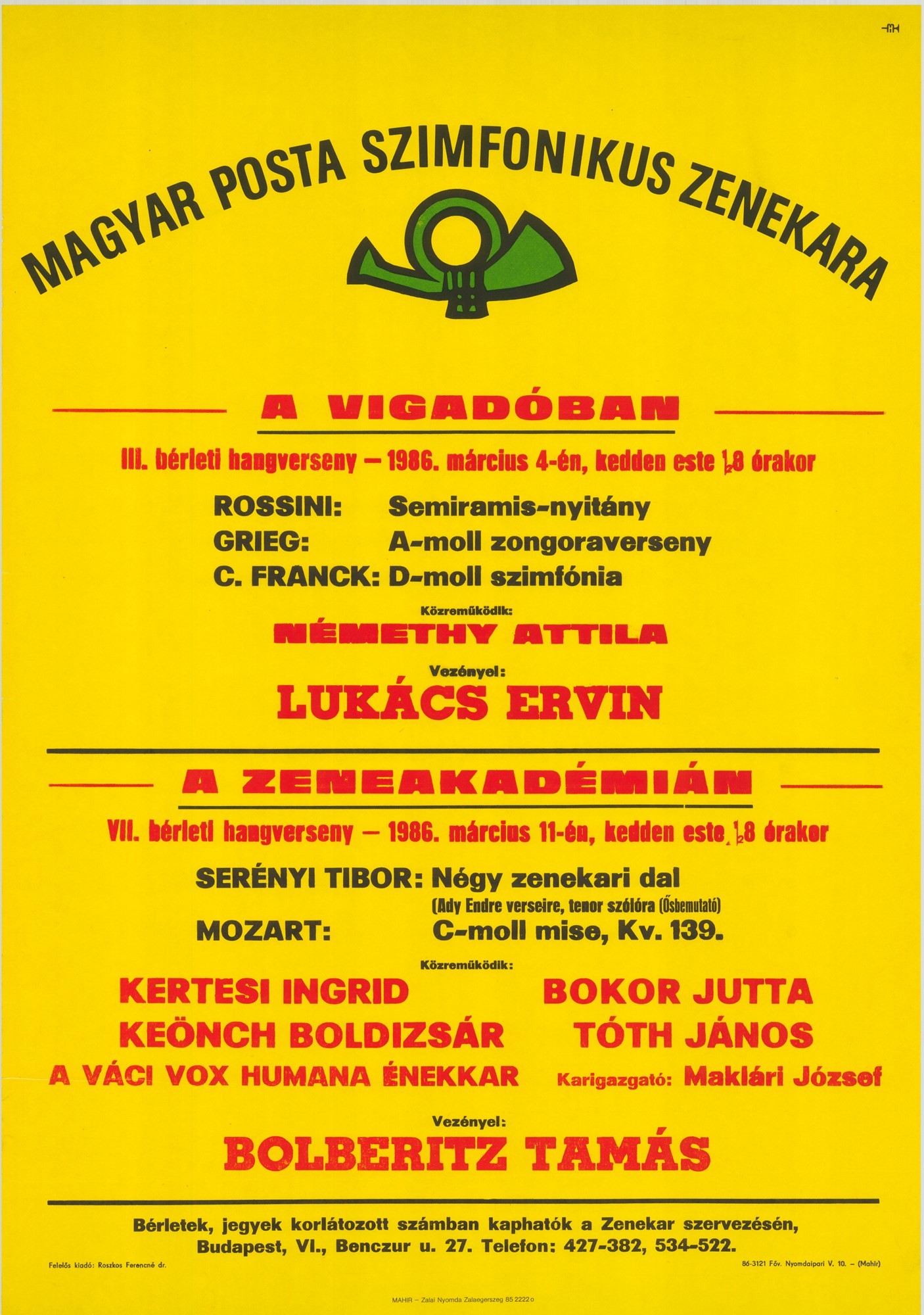 Plakát - Postás Szimfonikus Zenekar a Zeneakadémián év a Vigadóban, 1986 (Postamúzeum CC BY-NC-SA)