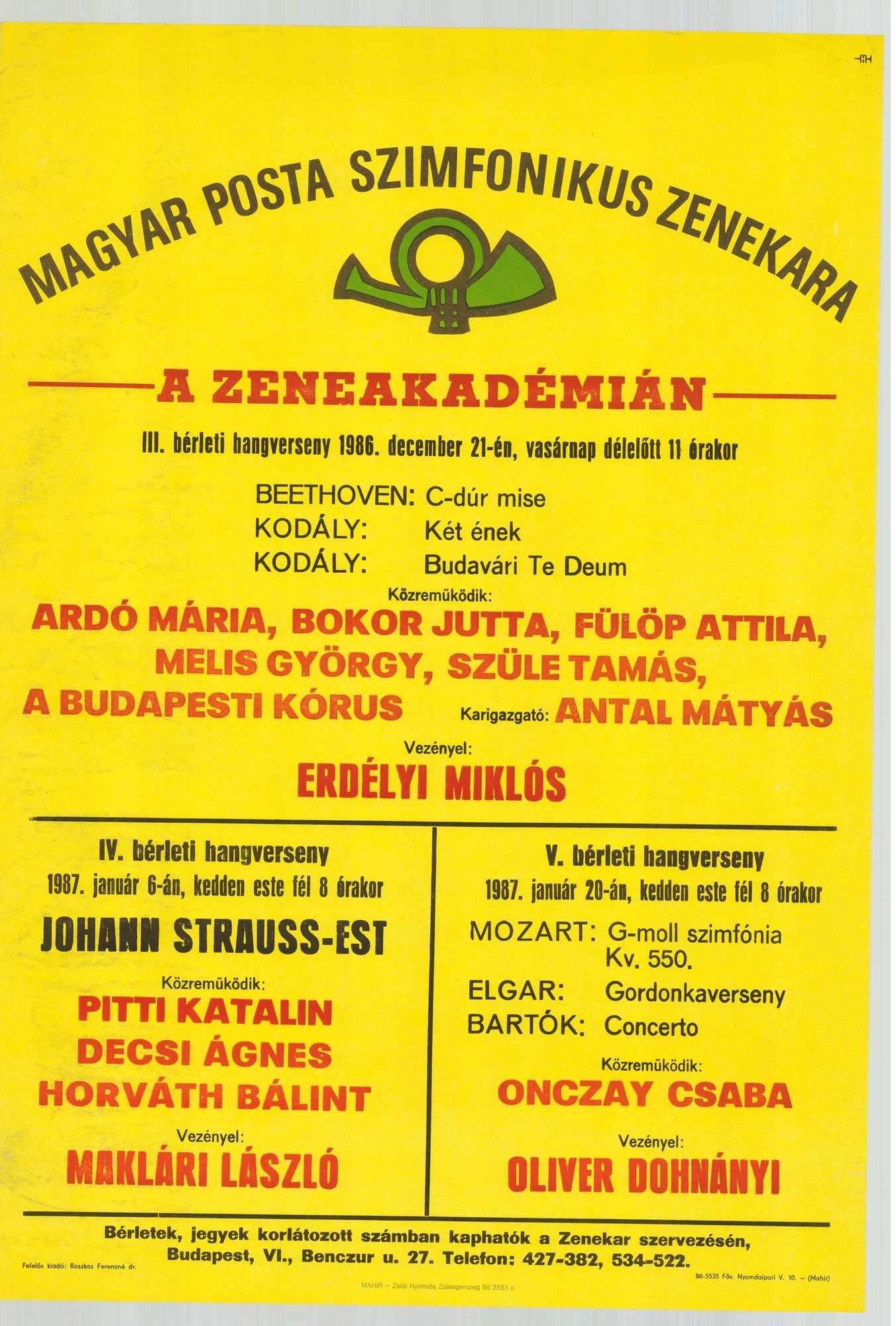 Plakát - Postás Szimfonikus Zenekar a Zeneakadémián, 1986-1987 (Postamúzeum CC BY-NC-SA)