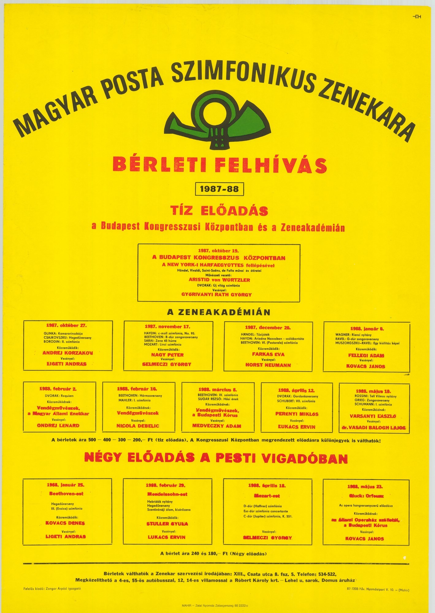 Plakát - Postás Szimfonikus Zenekar bérleti felhívás, 1987-1988 (Postamúzeum CC BY-NC-SA)