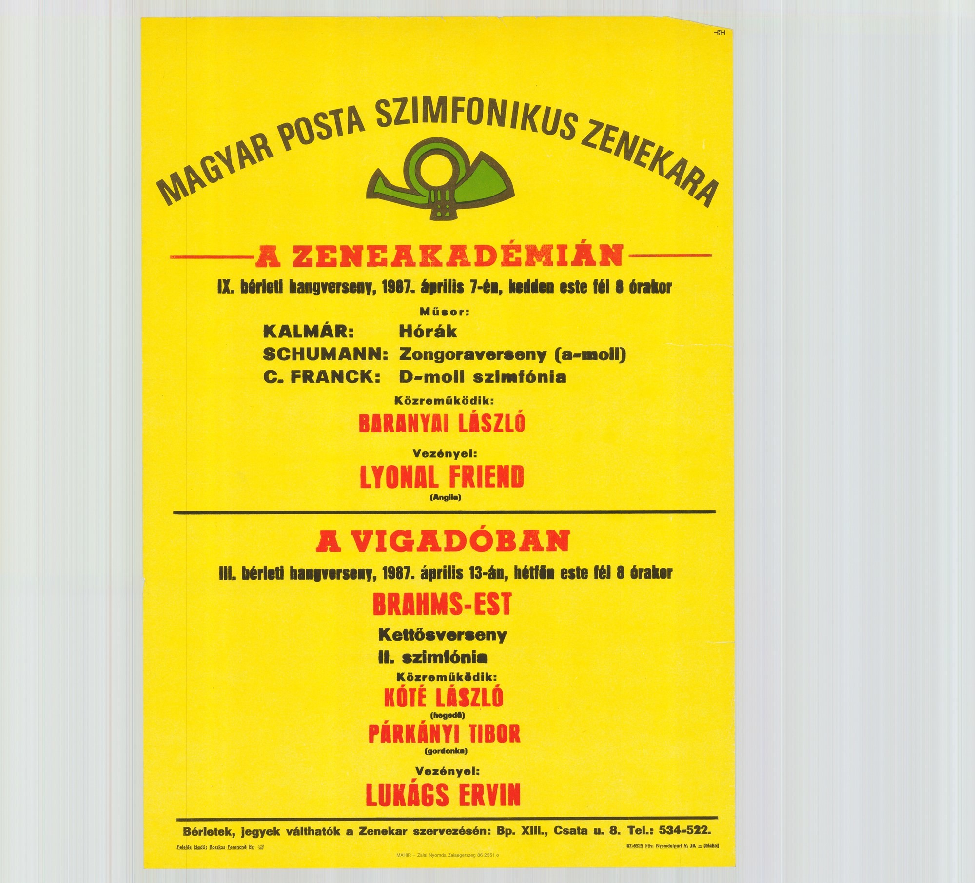 Plakát - Postás Szimfonikus Zenekar a Zeneakadémián és a Vigadóban, 1987 (Postamúzeum CC BY-NC-SA)