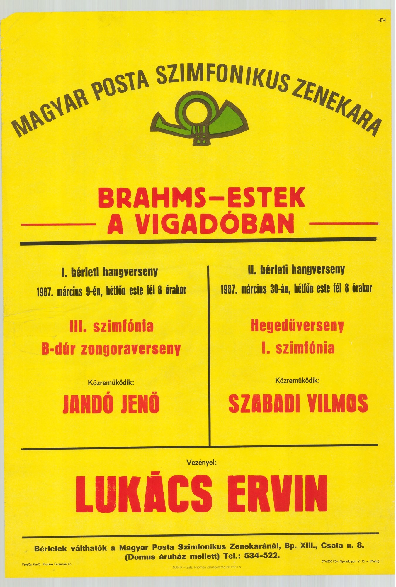 Plakát - Postás Szimfonikus Zenekar a Vigadóban, 1987 (Postamúzeum CC BY-NC-SA)