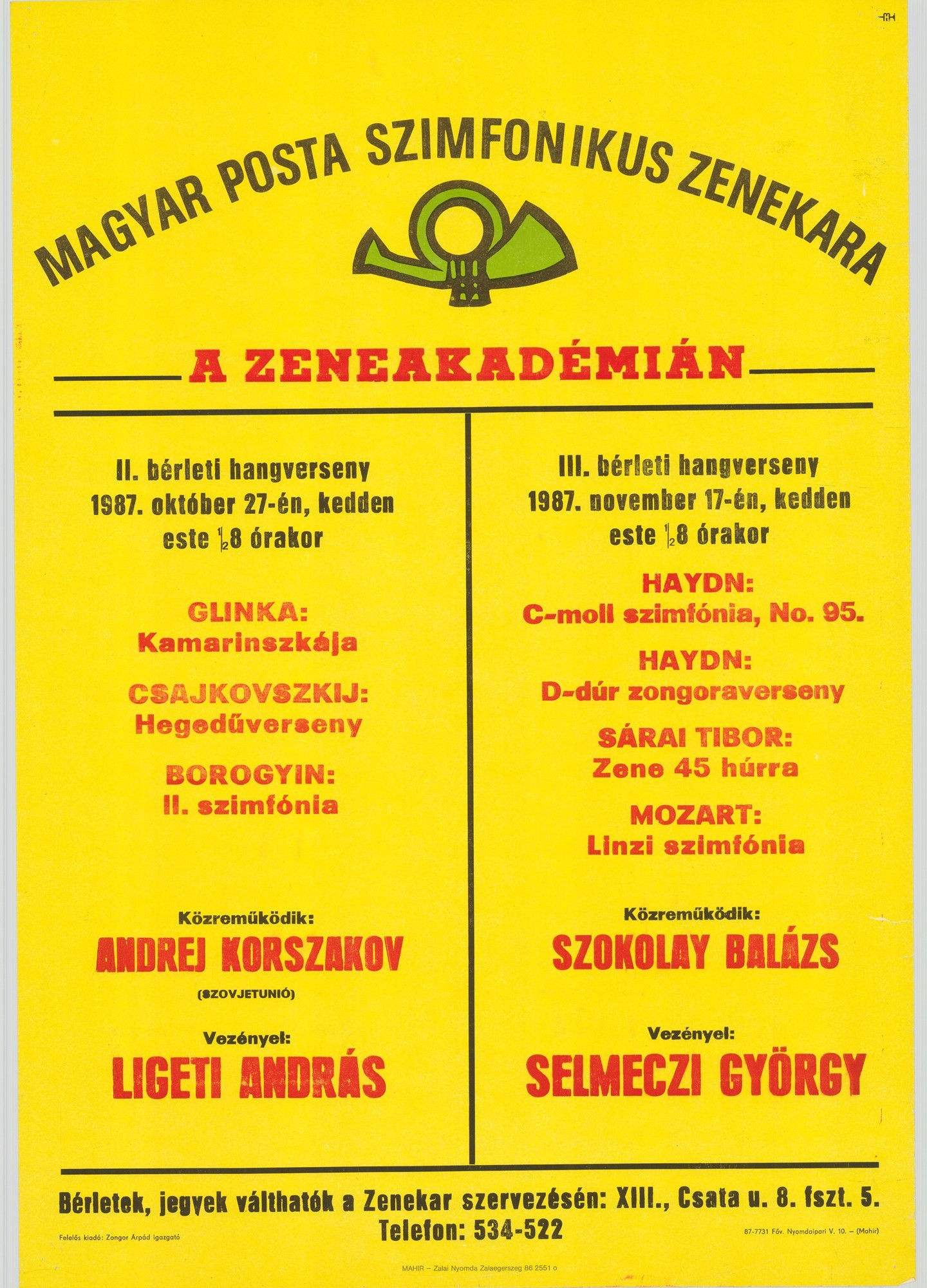 Plakát - Postás Szimfonikus Zenekar a Zeneakadémián, 1987 (Postamúzeum CC BY-NC-SA)