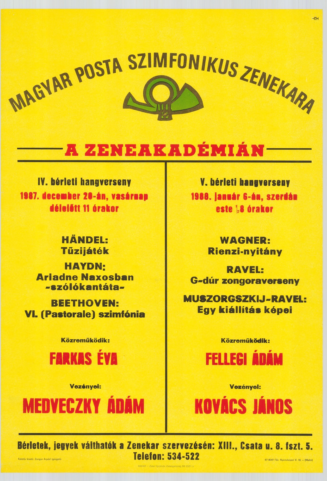 Plakát - Postás Szimfonikus Zenekar a Zeneakadémián, 1987-1988 (Postamúzeum CC BY-NC-SA)