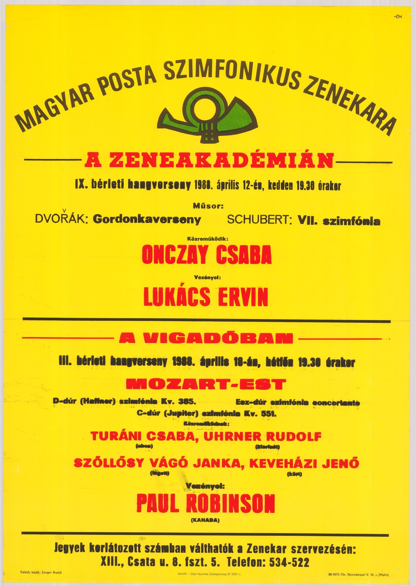 Plakát - Postás Szimfonikus Zenekar a Vigadóban és a Zeneakadémián, 1988 (Postamúzeum CC BY-NC-SA)