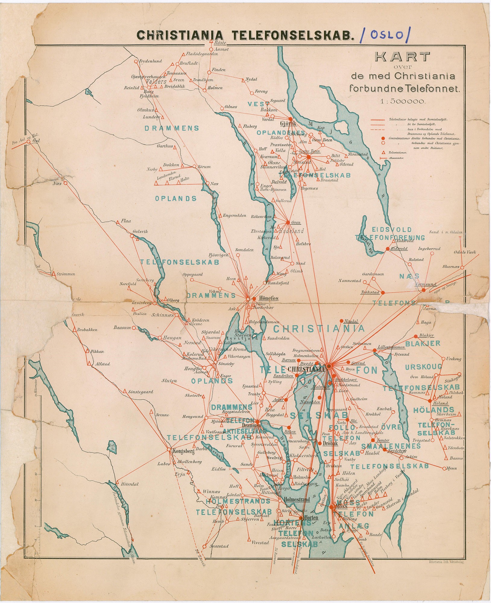 A Christiania telefontársaság hálózatának térképe (Postamúzeum CC BY-NC-SA)