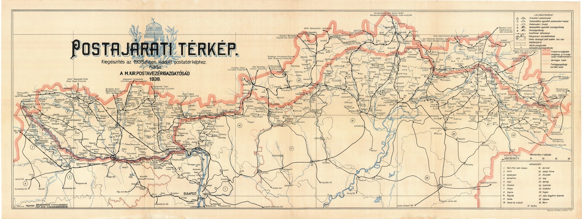 Kiegészítés az 1935. évben kiadott magyarországi postatérképhez (Postamúzeum CC BY-NC-SA)