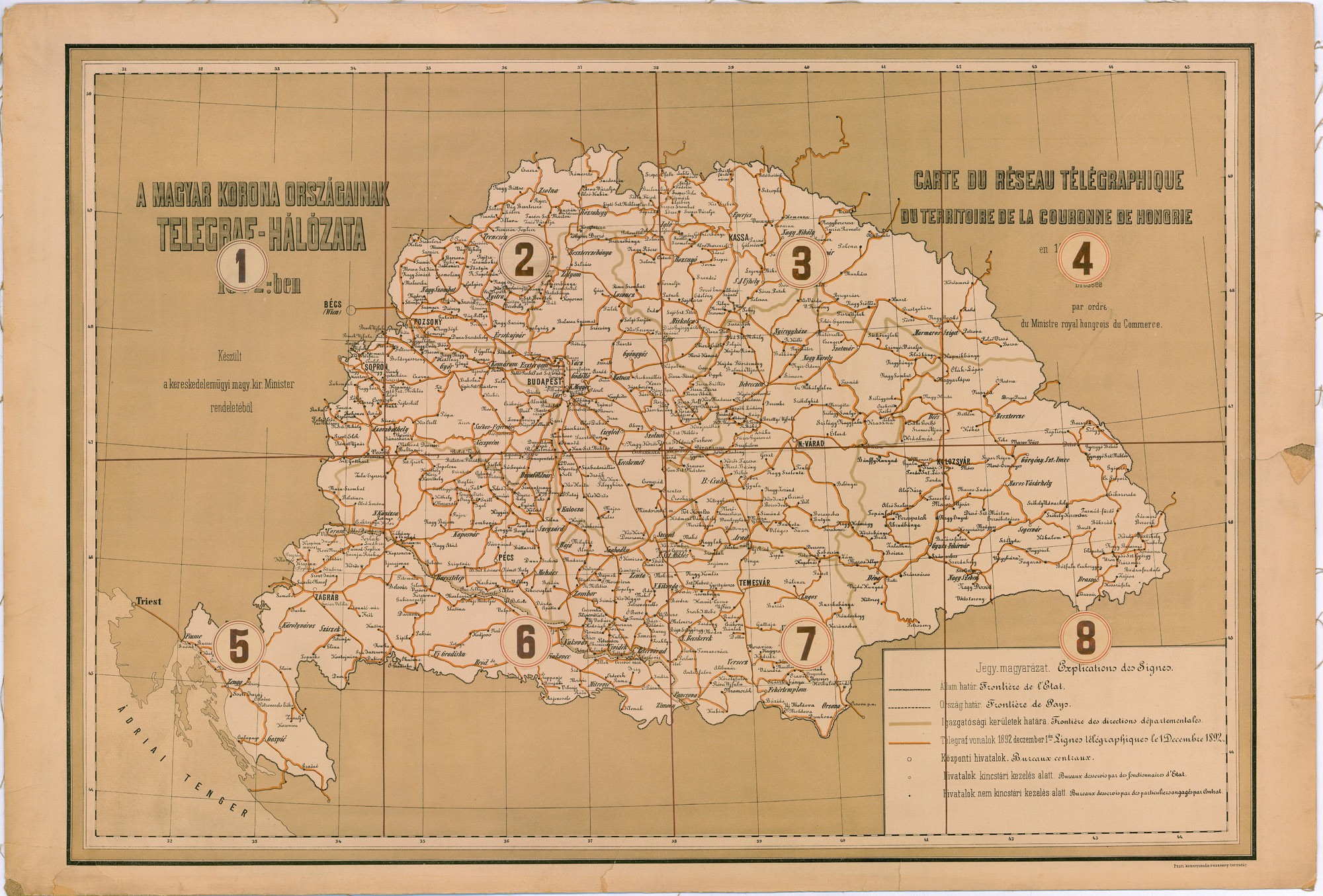 A Magyar Korona országainak telegráfhálózata 1892-ben (Postamúzeum CC BY-NC-SA)