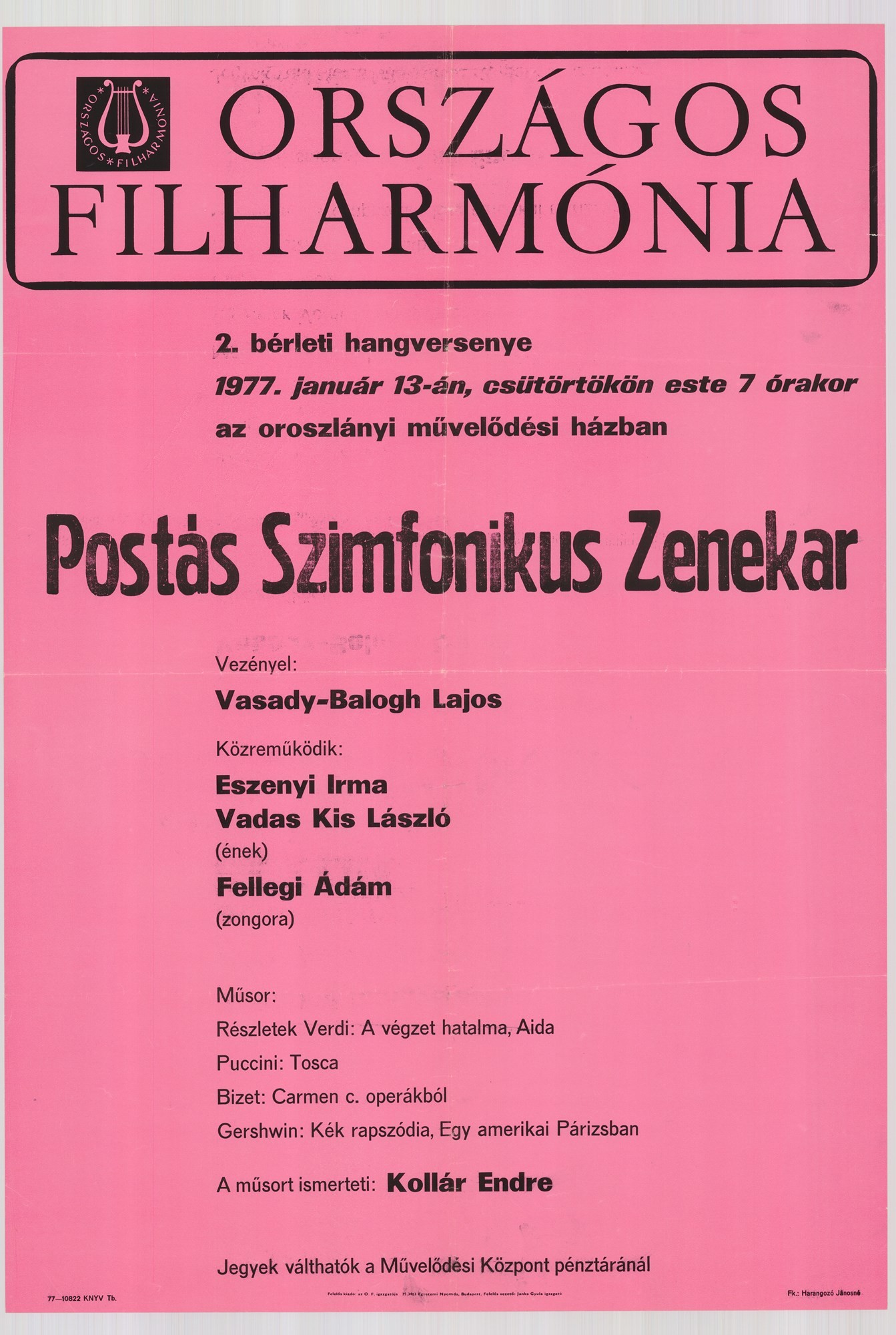 Plakát - Postás Szonfoniksu Zenekar hangversenye, Oroszlány, 1977 (Postamúzeum CC BY-NC-SA)