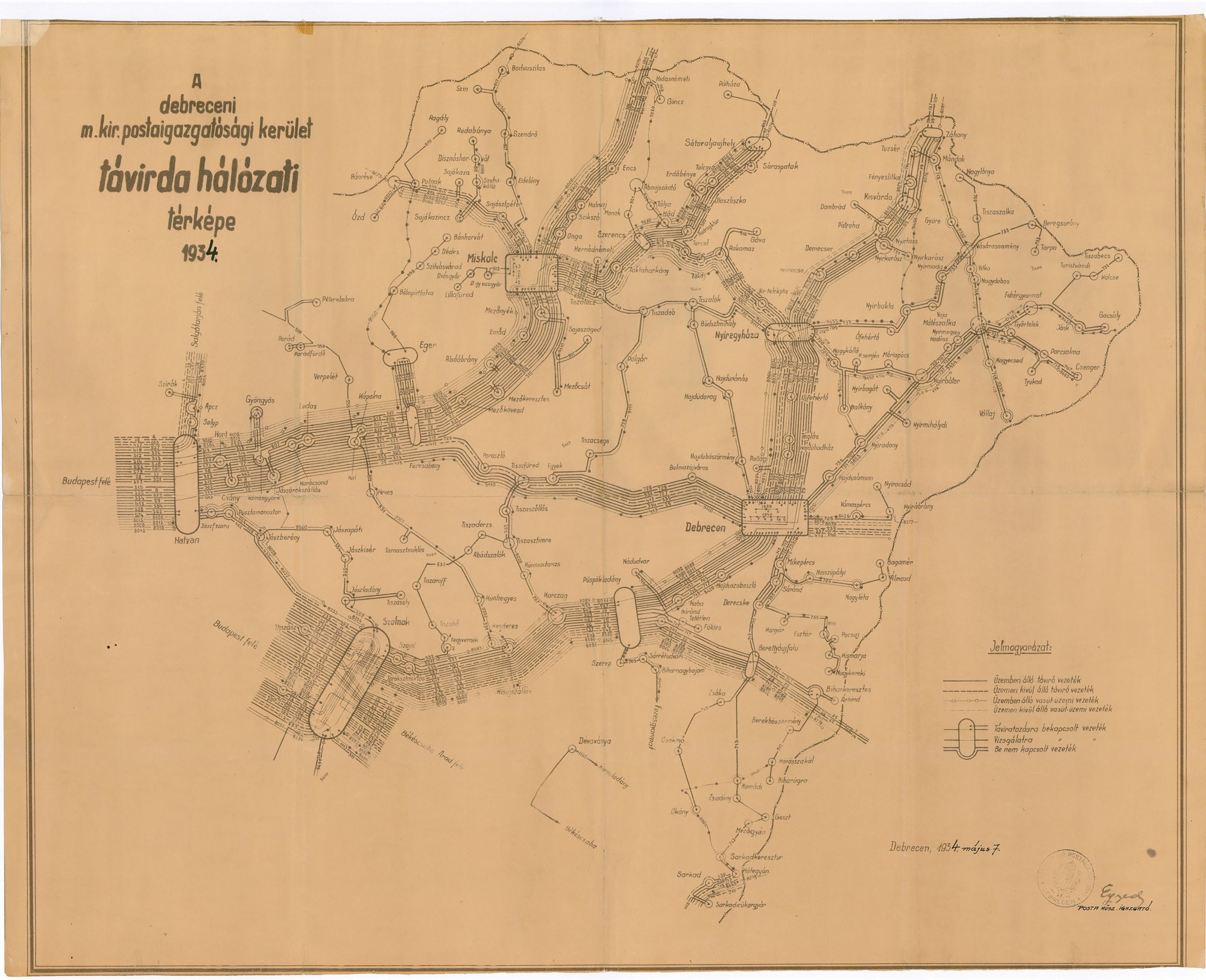 A debreceni magyar királyi postaigazgatósági kerület távírdahálózati térképe, 1934 (Postamúzeum CC BY-NC-SA)