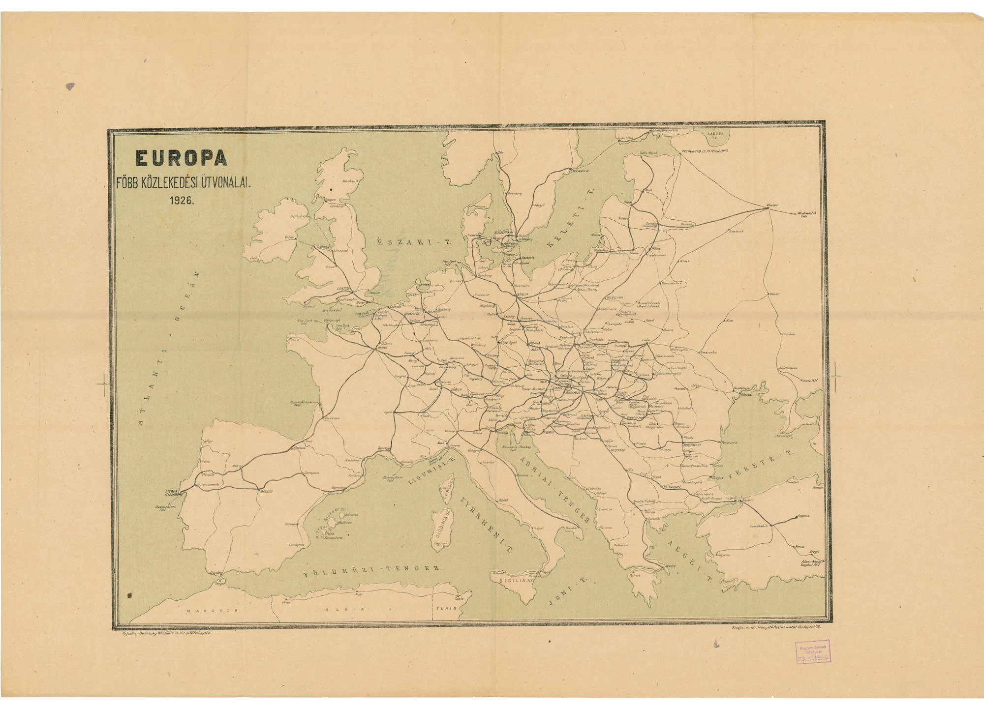 Európa főbb közlekedési útvonalai, 1926 (Postamúzeum CC BY-NC-SA)