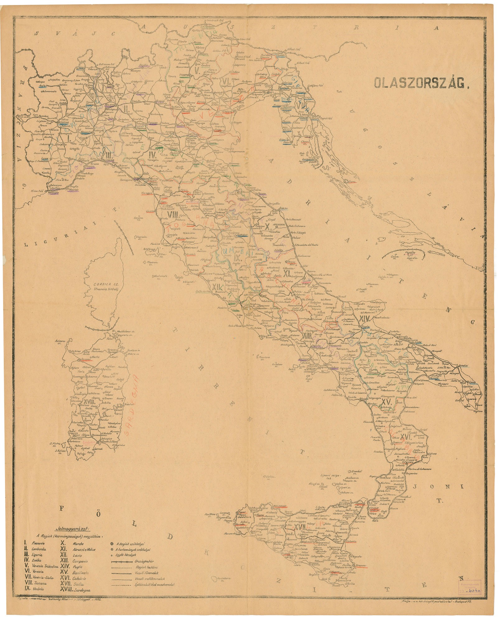 Olaszország térképe, 1932 (Postamúzeum CC BY-NC-SA)