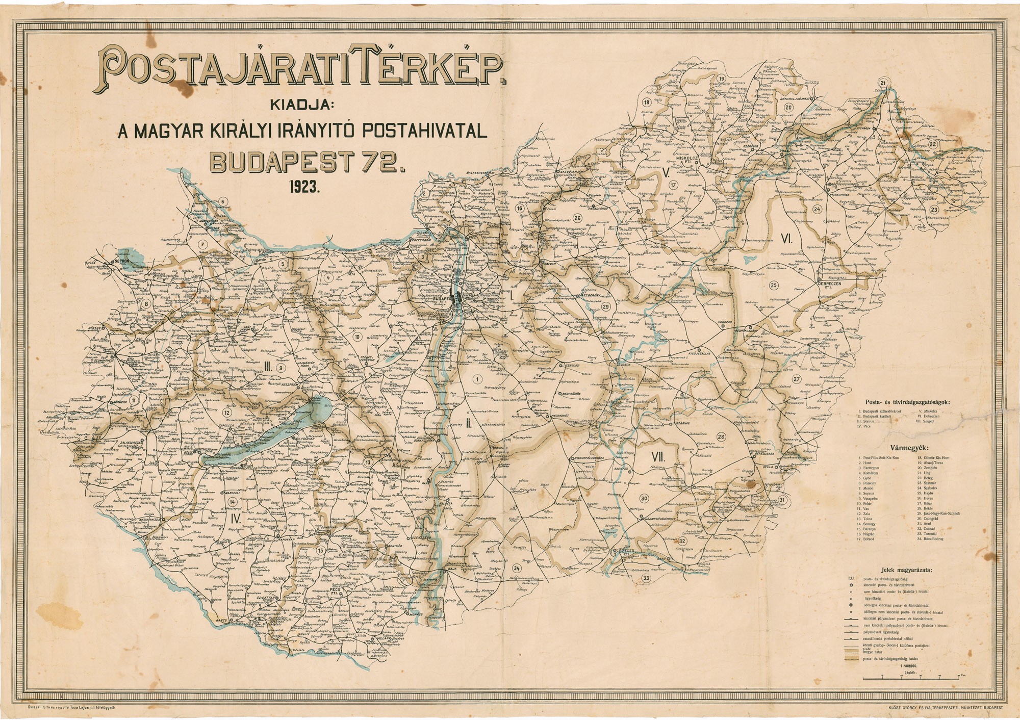 Magyarország postajárati térképe, 1923 (Postamúzeum CC BY-NC-SA)