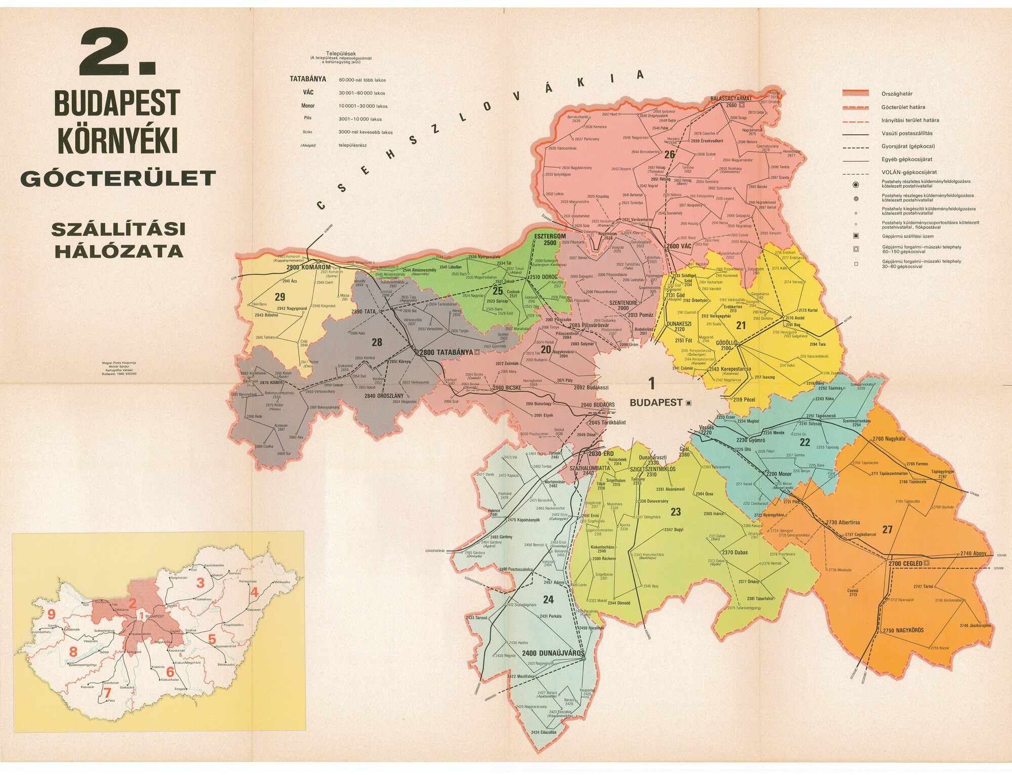 Budapest környéki postaszállítási térkép, 1988 (Postamúzeum CC BY-NC-SA)