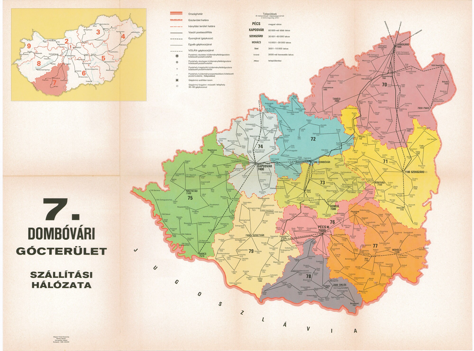 A dombóvári gócterület szállítási térképe, 1988 (Postamúzeum CC BY-NC-SA)