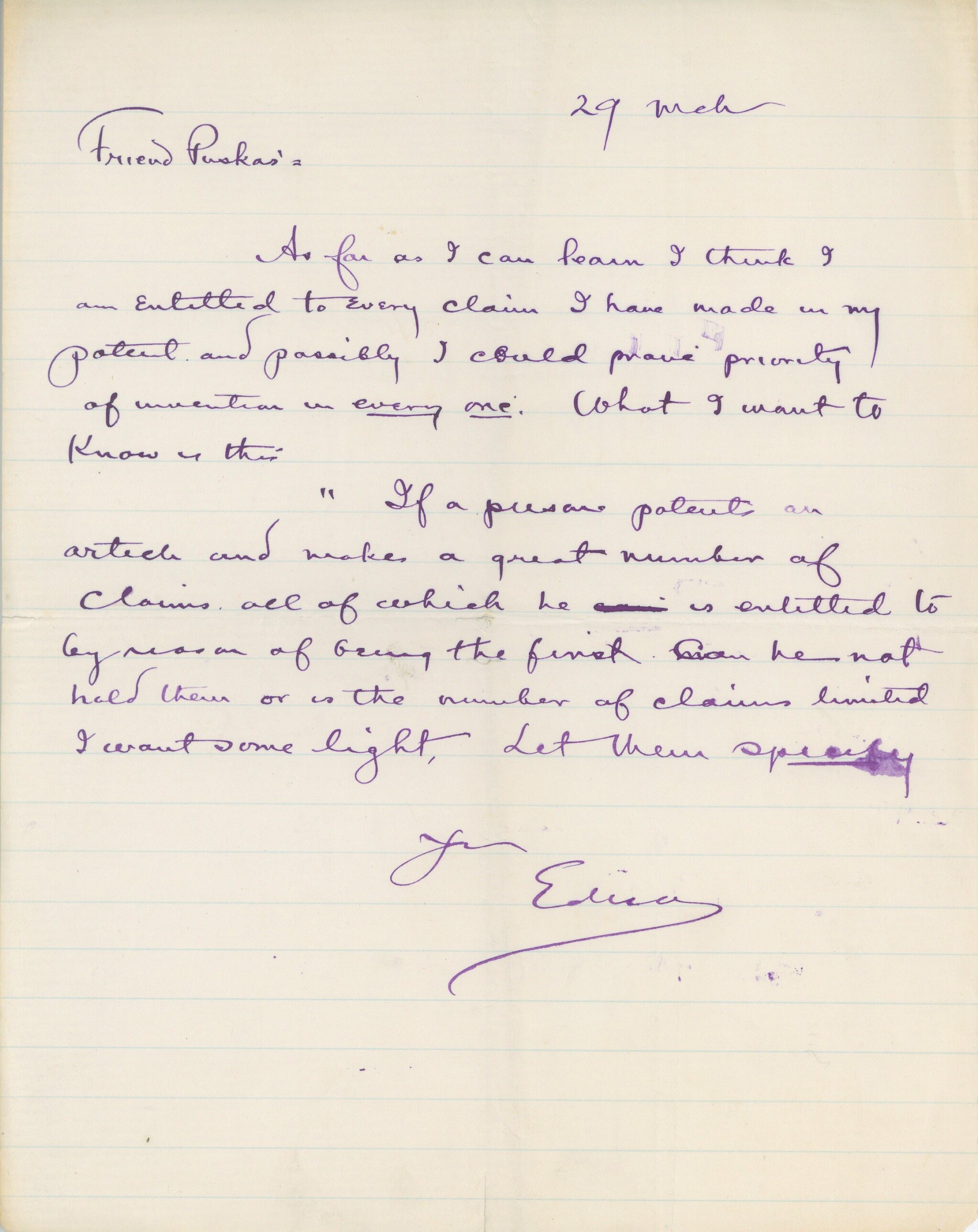 Edison saját kezű levele (Postamúzeum CC BY-NC-SA)