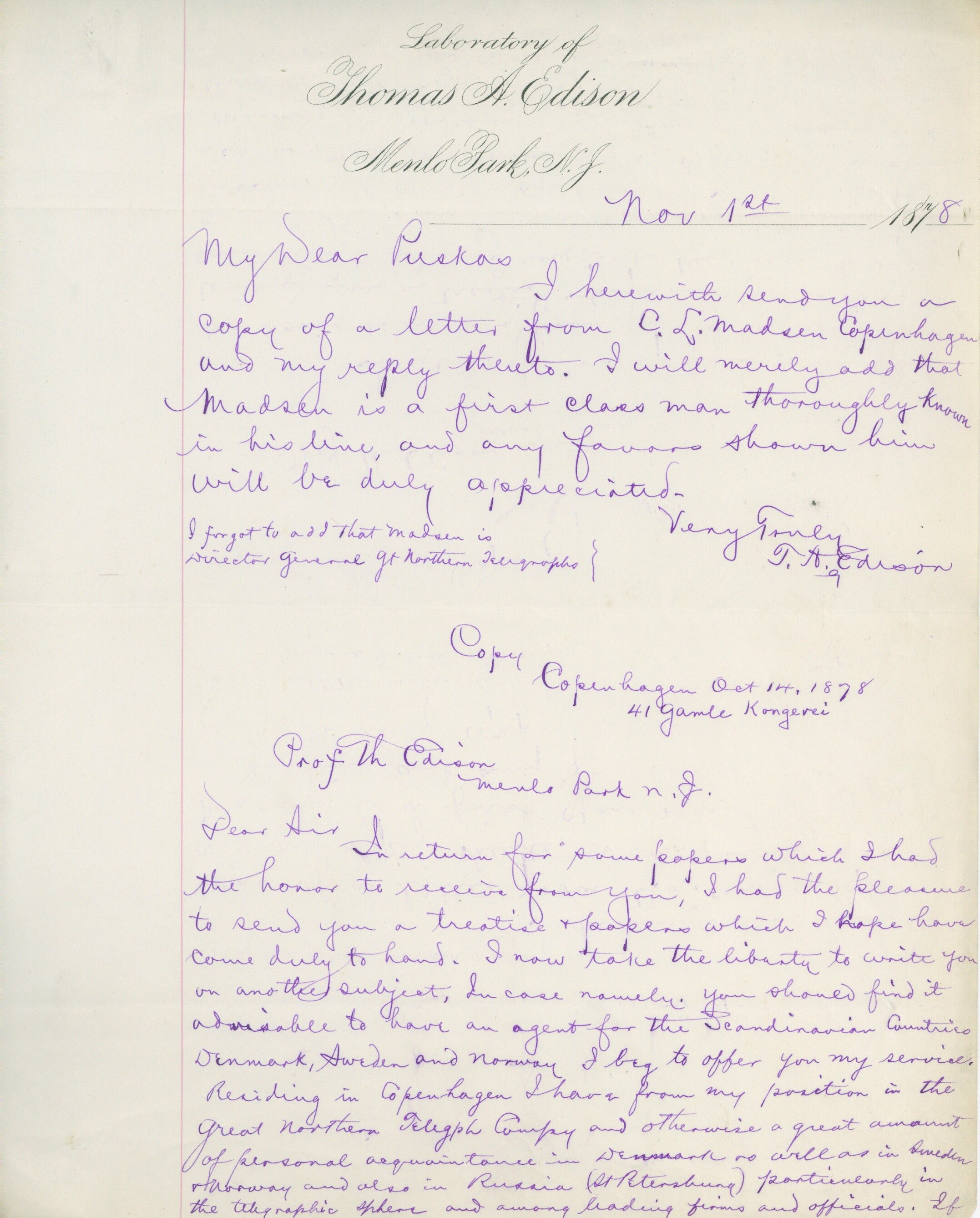 Edison titkára (Griffin) által írt levél (Postamúzeum CC BY-NC-SA)