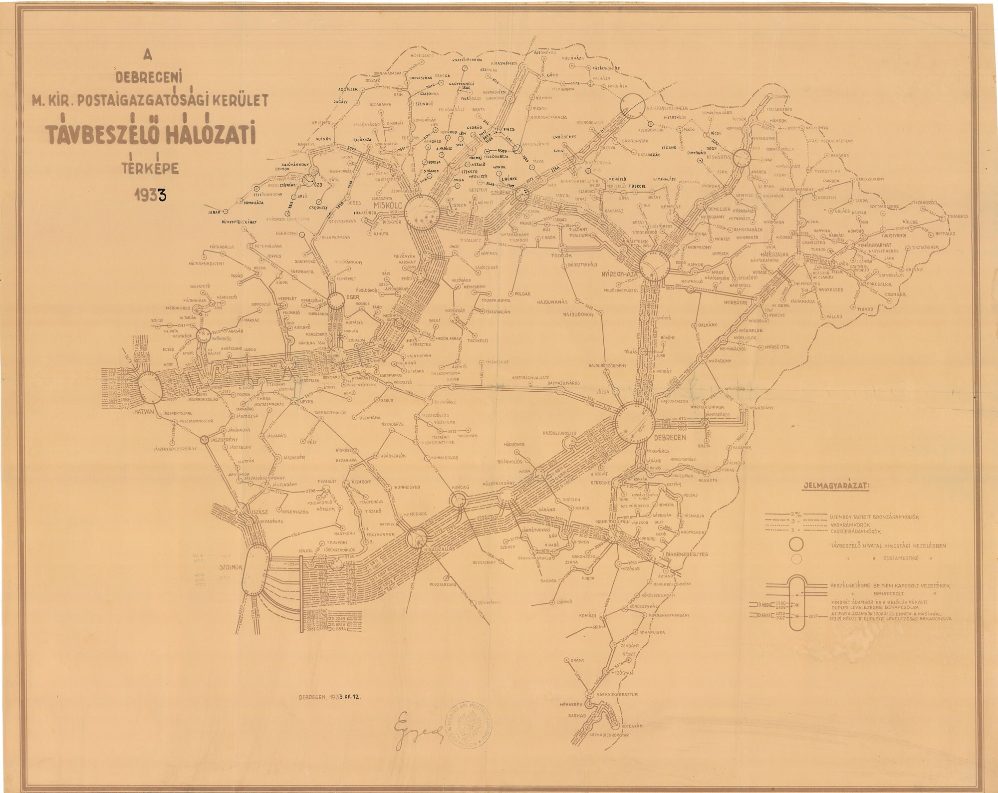 A debreceni m. kir. postaigazgatósági kerület távbeszélő-hálózati térképe, 1933 (Postamúzeum CC BY-NC-SA)