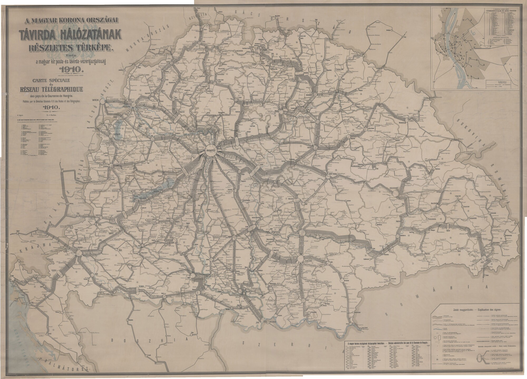 A Magyar Korona országai távírdahálózatának részletes térképe, 1910 (Postamúzeum CC BY-NC-SA)