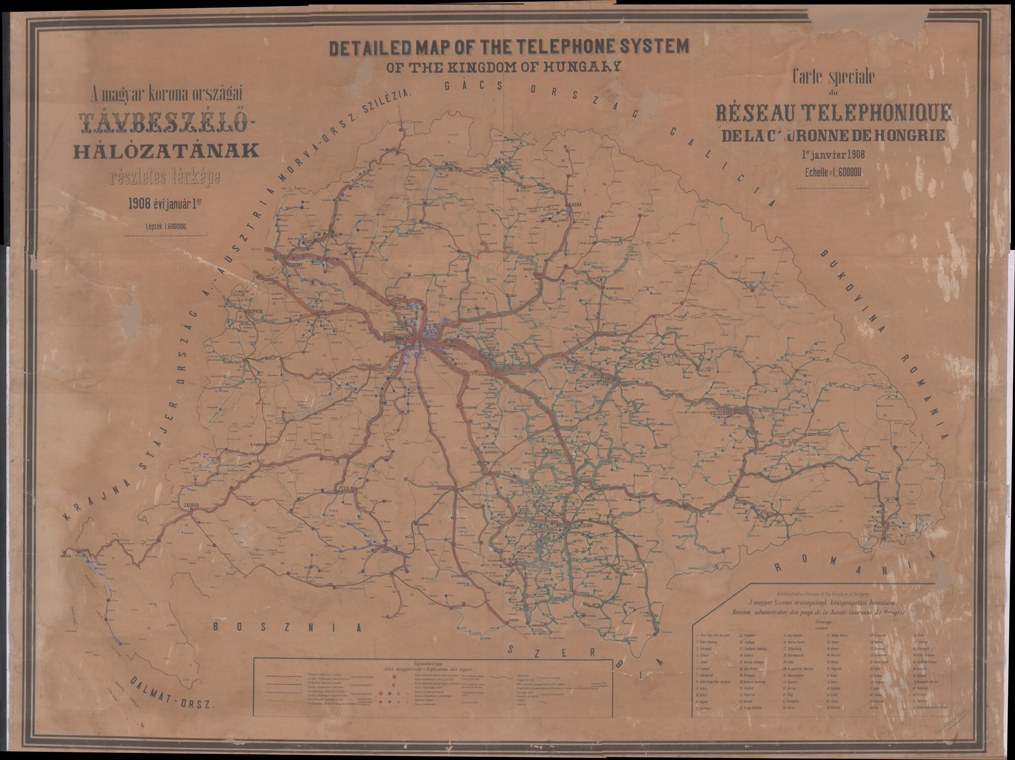 A Magyar Korona országai távbeszélő-hálózatának részletes térképe, 1908 (Postamúzeum CC BY-NC-SA)
