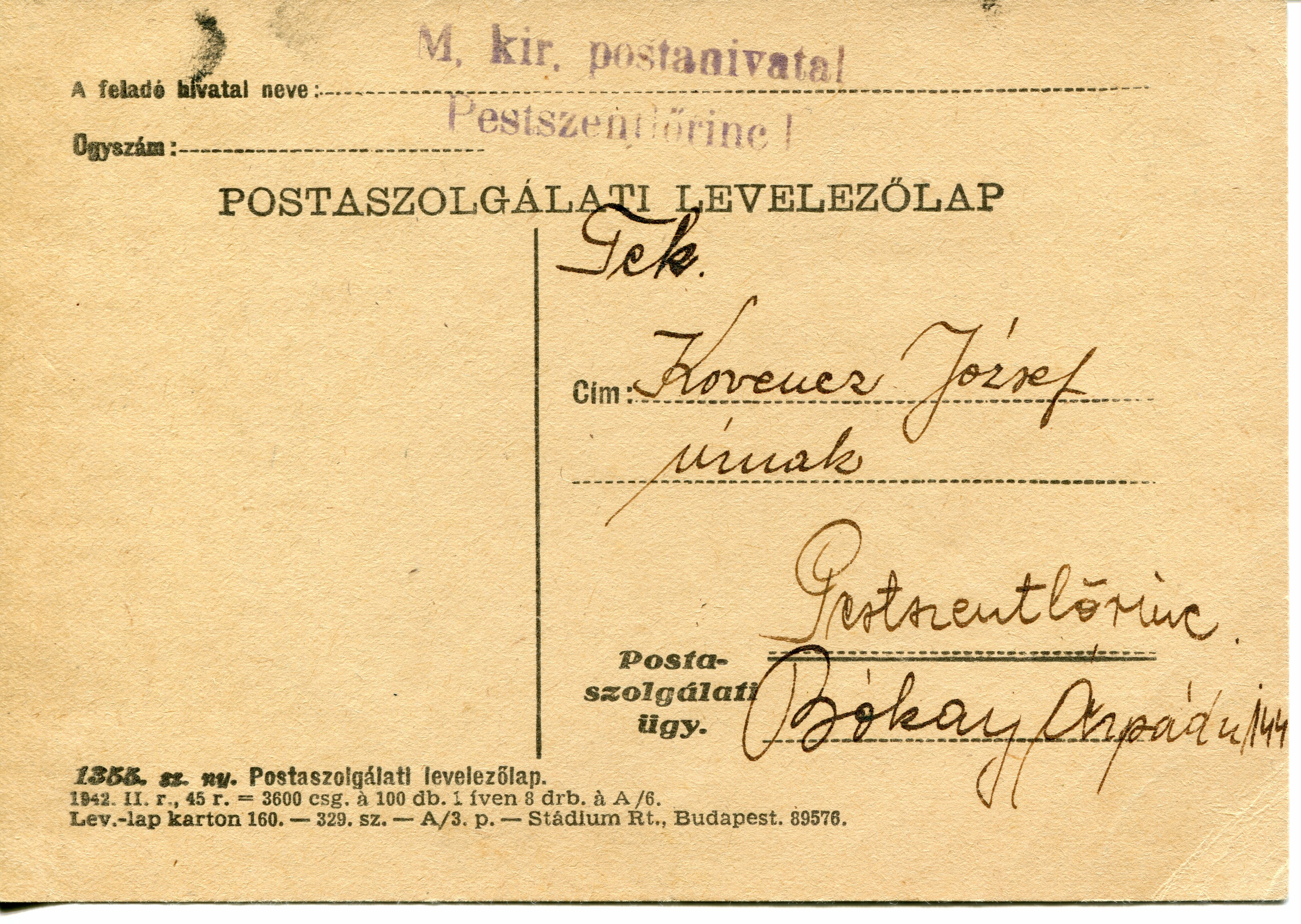 Postaszolgálati Levelezőlap (Tomory Lajos Múzeum CC BY-NC-SA)