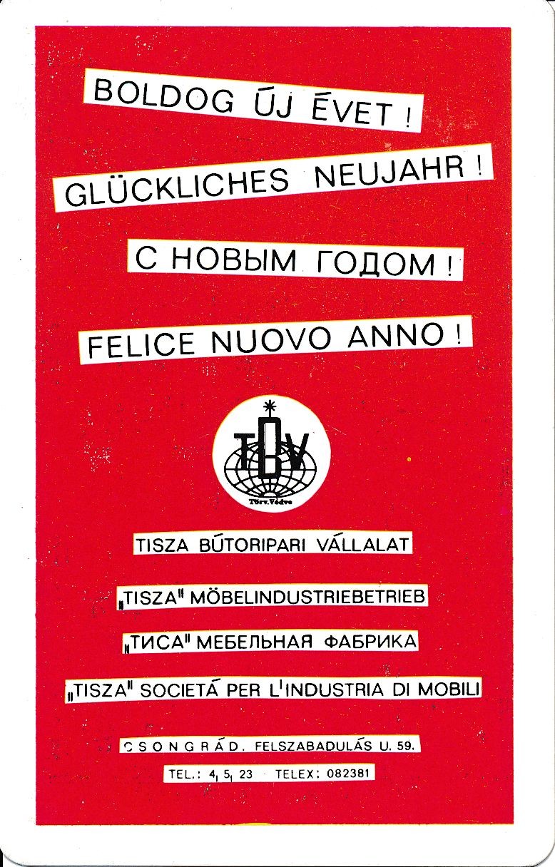 Boldog új évet Tisza Bútoripari Vállalat kártyanaptár 1972 (Magyar Kereskedelmi és Vendéglátóipari Múzeum CC BY-NC-SA)