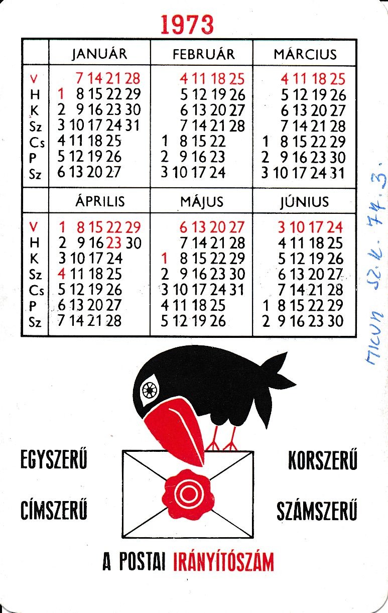 Magyar Posta kártyanaptár 1973 (Magyar Kereskedelmi és Vendéglátóipari Múzeum CC BY-NC-SA)