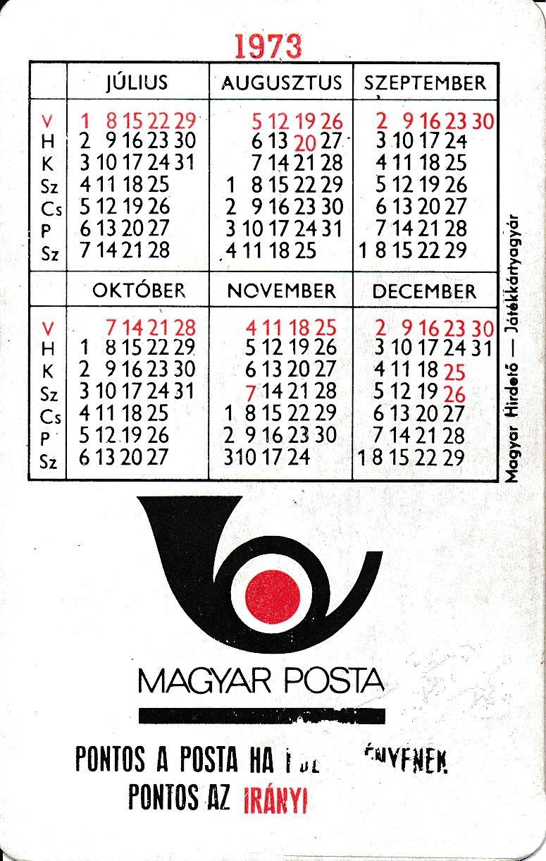 Magyar Posta kártyanaptár 1973 (Magyar Kereskedelmi és Vendéglátóipari Múzeum CC BY-NC-SA)