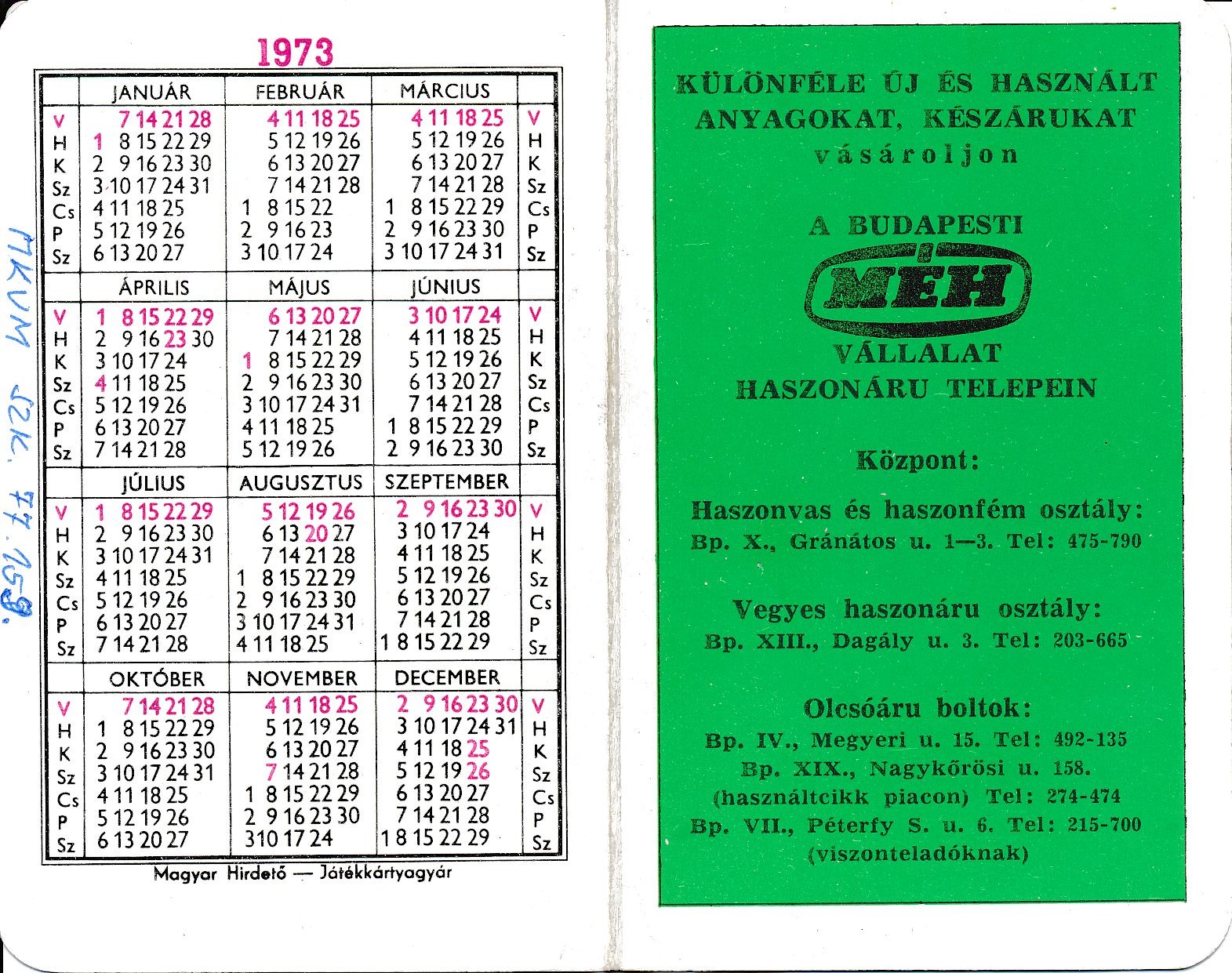 Különféle új és használt anyagokat, készárukat vásároljon a budapesti MÉH Vállalat haszonáru telepein kártyanaptár 1973 (Magyar Kereskedelmi és Vendéglátóipari Múzeum CC BY-NC-SA)