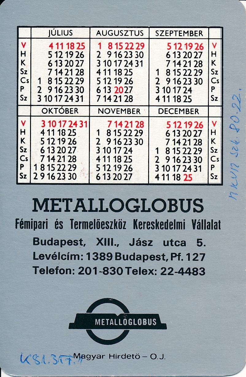 Metalloglobus kártyanaptár 1976 (Magyar Kereskedelmi és Vendéglátóipari Múzeum CC BY-NC-SA)
