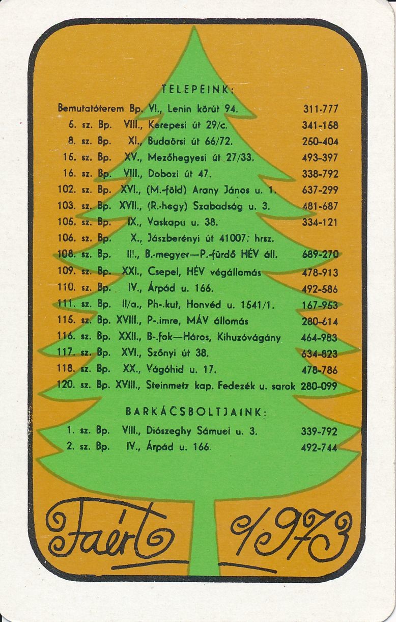 Boldog Újesztendőt kíván a Faért kártyanaptár 1973 (Magyar Kereskedelmi és Vendéglátóipari Múzeum CC BY-NC-SA)