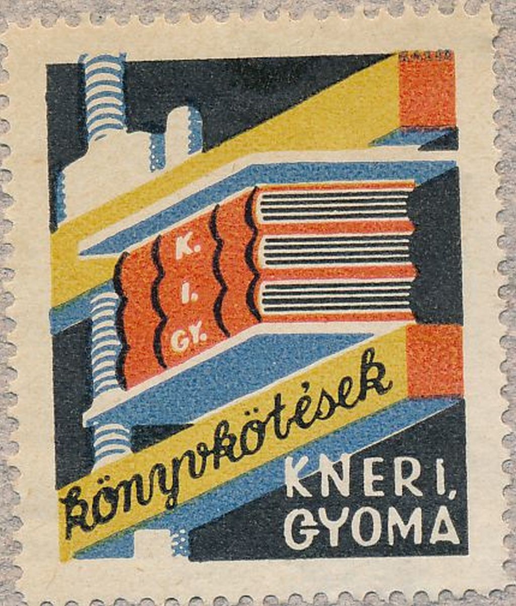 Könyvkötések Kner Gyoma reklámbélyeg (Magyar Kereskedelmi és Vendéglátóipari Múzeum CC BY-NC-SA)