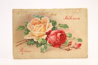 Stühmer Rózsa bonbon papírkqrton doboz fedele egy sárga és egy piros rózsával