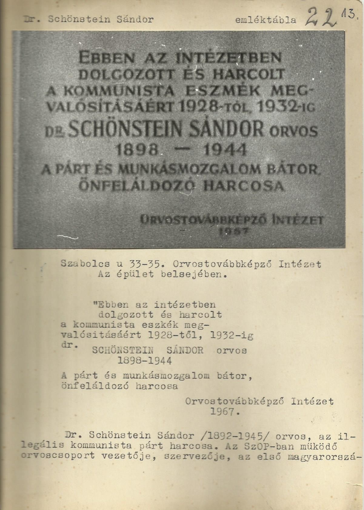 Schönstein Sándor emléktábla (Angyalföldi Helytörténeti Gyűjtemény CC BY-NC-SA)