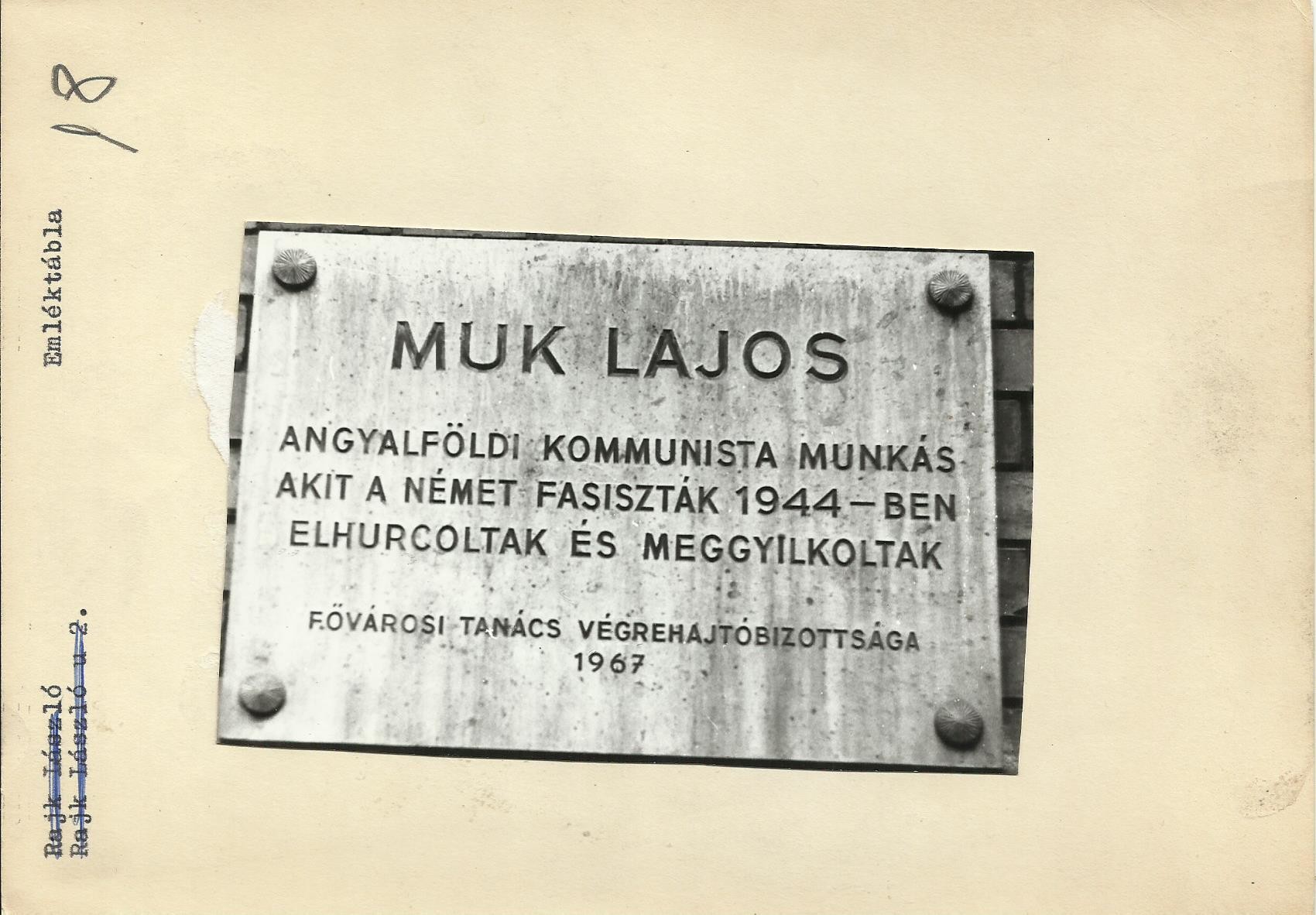 Muk Lajos emléktábla (Angyalföldi Helytörténeti Gyűjtemény CC BY-NC-SA)