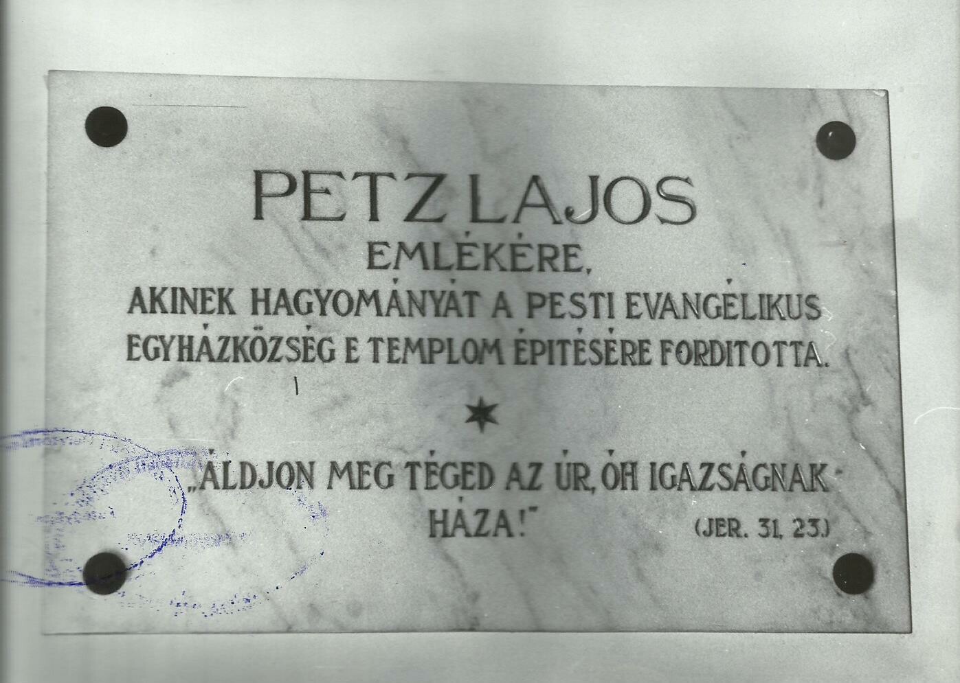Petz Lajos emléktábla (Angyalföldi Helytörténeti Gyűjtemény CC BY-NC-SA)