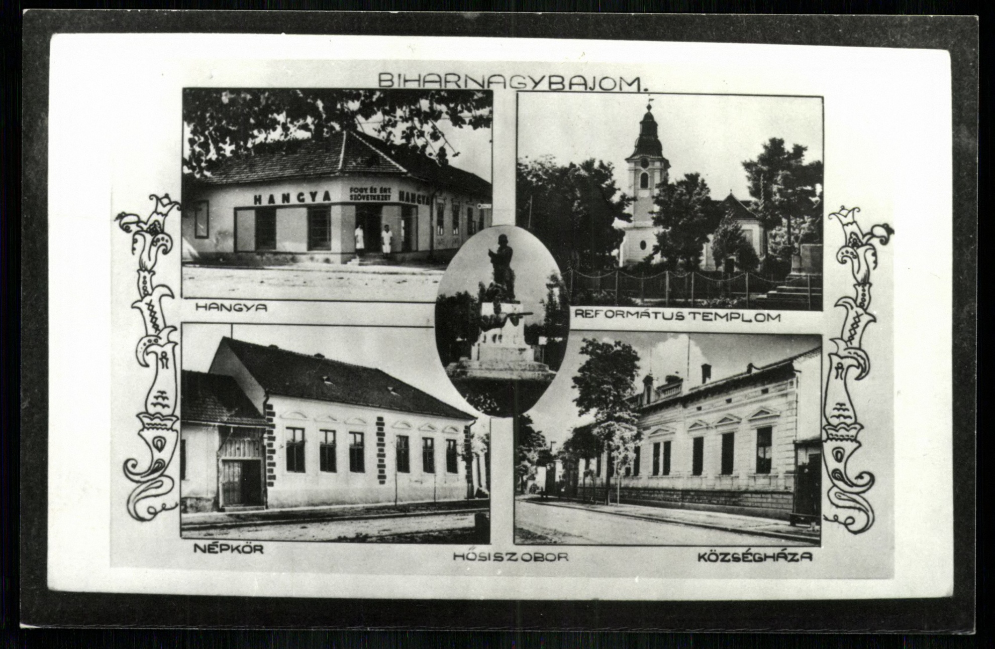 Biharnagybajom; Hangya; Református templom; Népkör; Hősi szobor; Községháza (Magyar Kereskedelmi és Vendéglátóipari Múzeum CC BY-NC-ND)