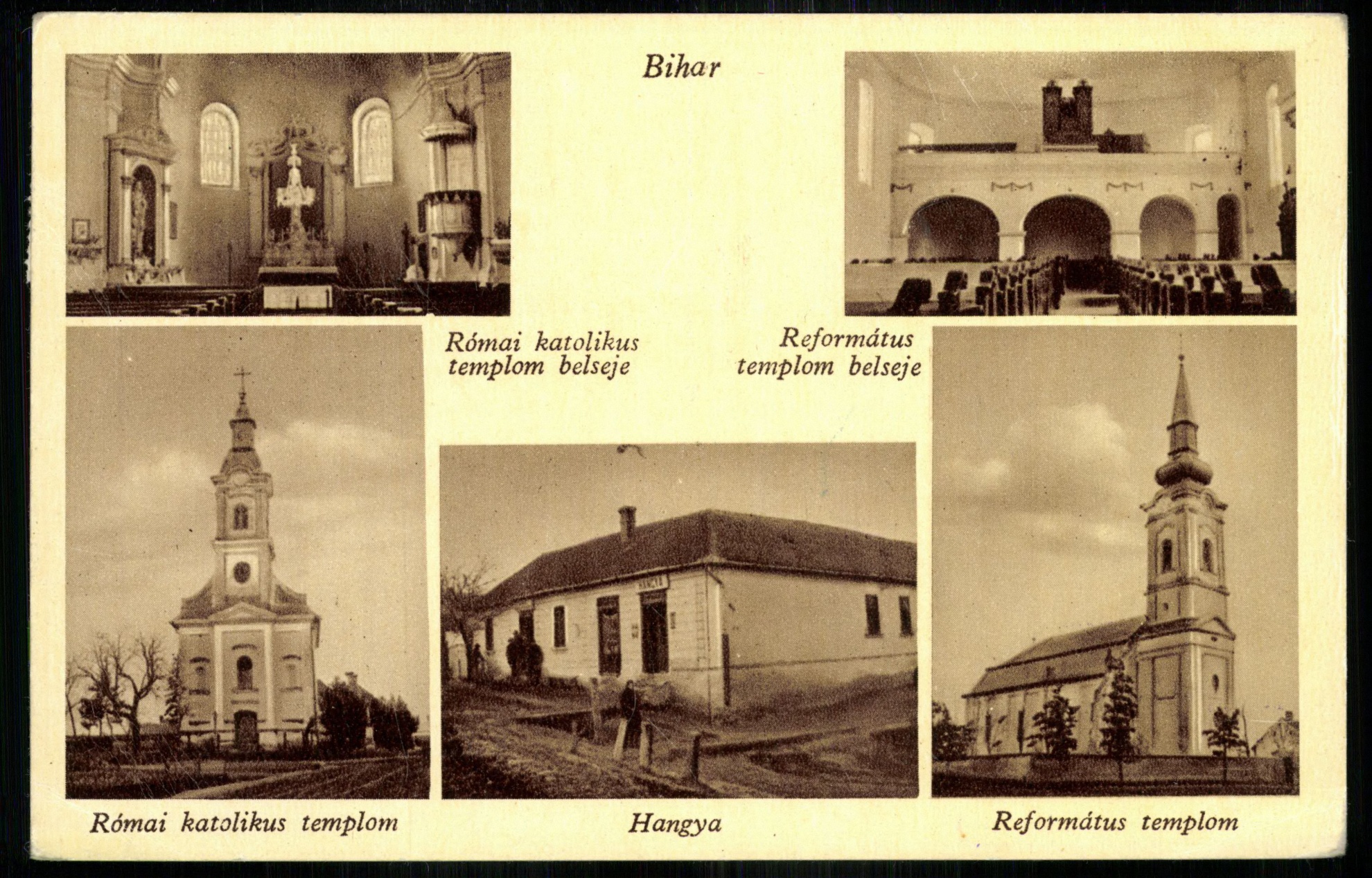 Bihar; Római katolikus templom belseje; Református templom belseje; Római katolikus templom; Hangya; Református templom (Magyar Kereskedelmi és Vendéglátóipari Múzeum CC BY-NC-ND)