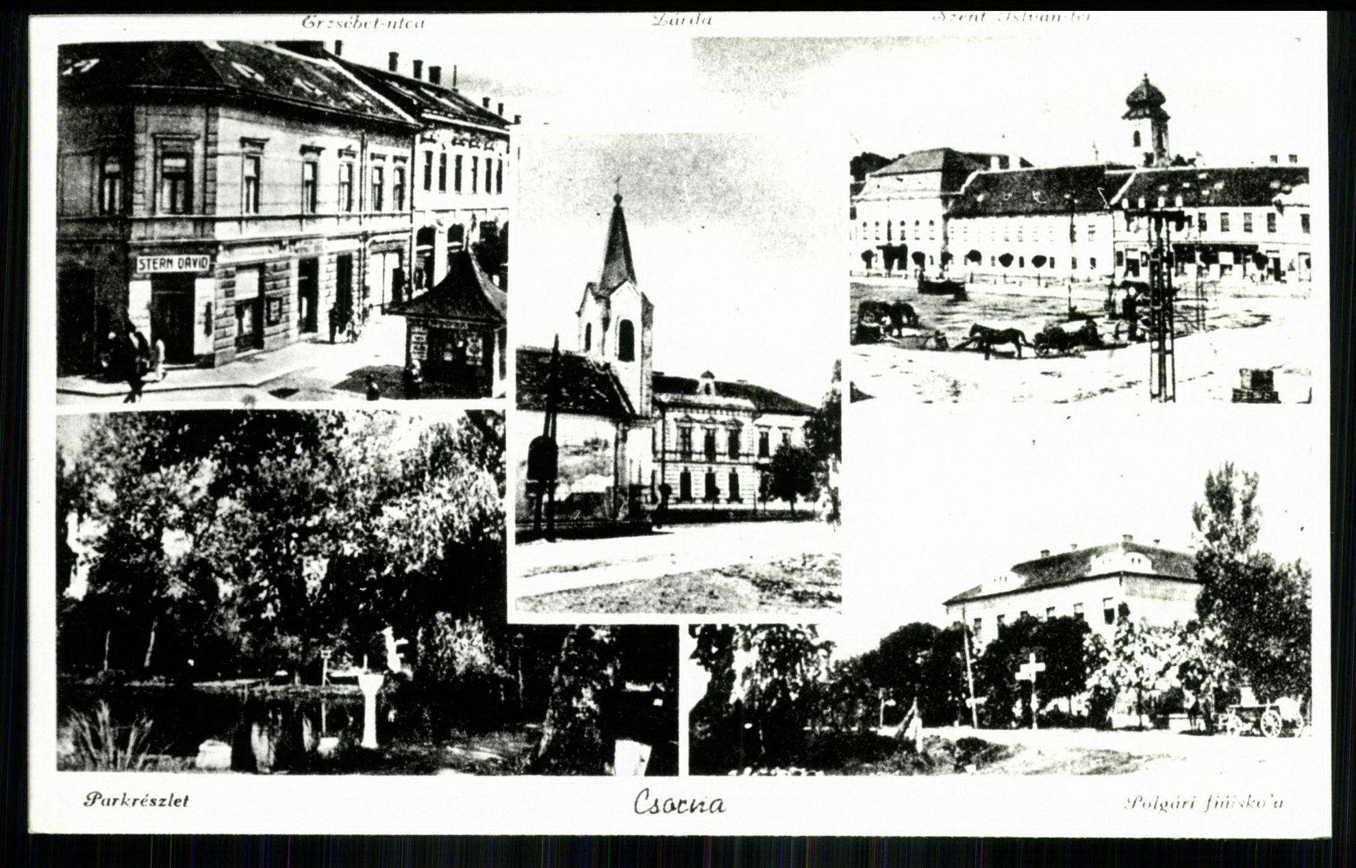 Csorna; Parkrészlet; Polgári főiskola; Erzsébet utca; Szent István tér (Magyar Kereskedelmi és Vendéglátóipari Múzeum CC BY-NC-ND)